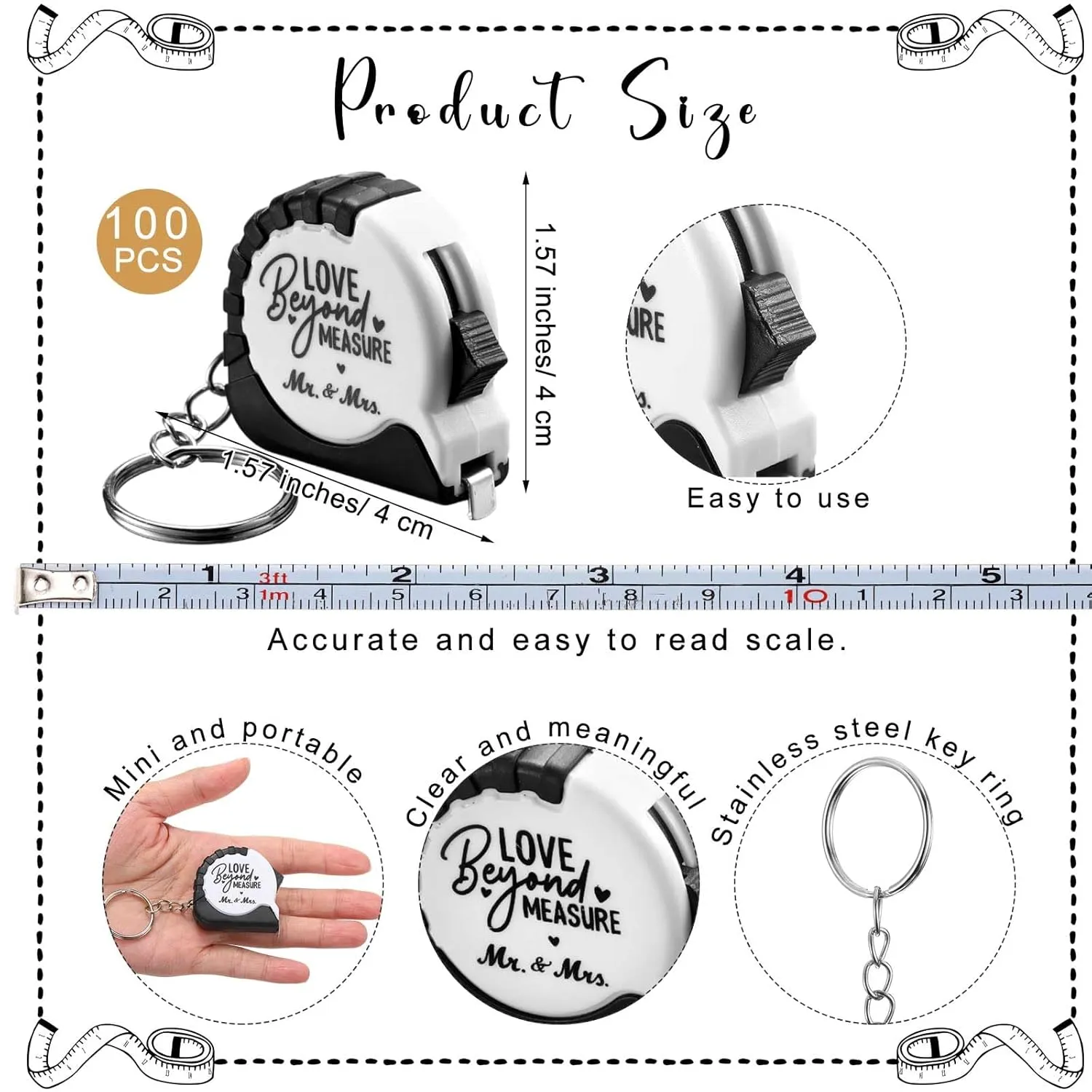 Loetere Wedding Favors for Guests Tape Measure Keychains with Cards Gift Bags for Bridal Shower Wedding Party Souvenirs (100 Sets)