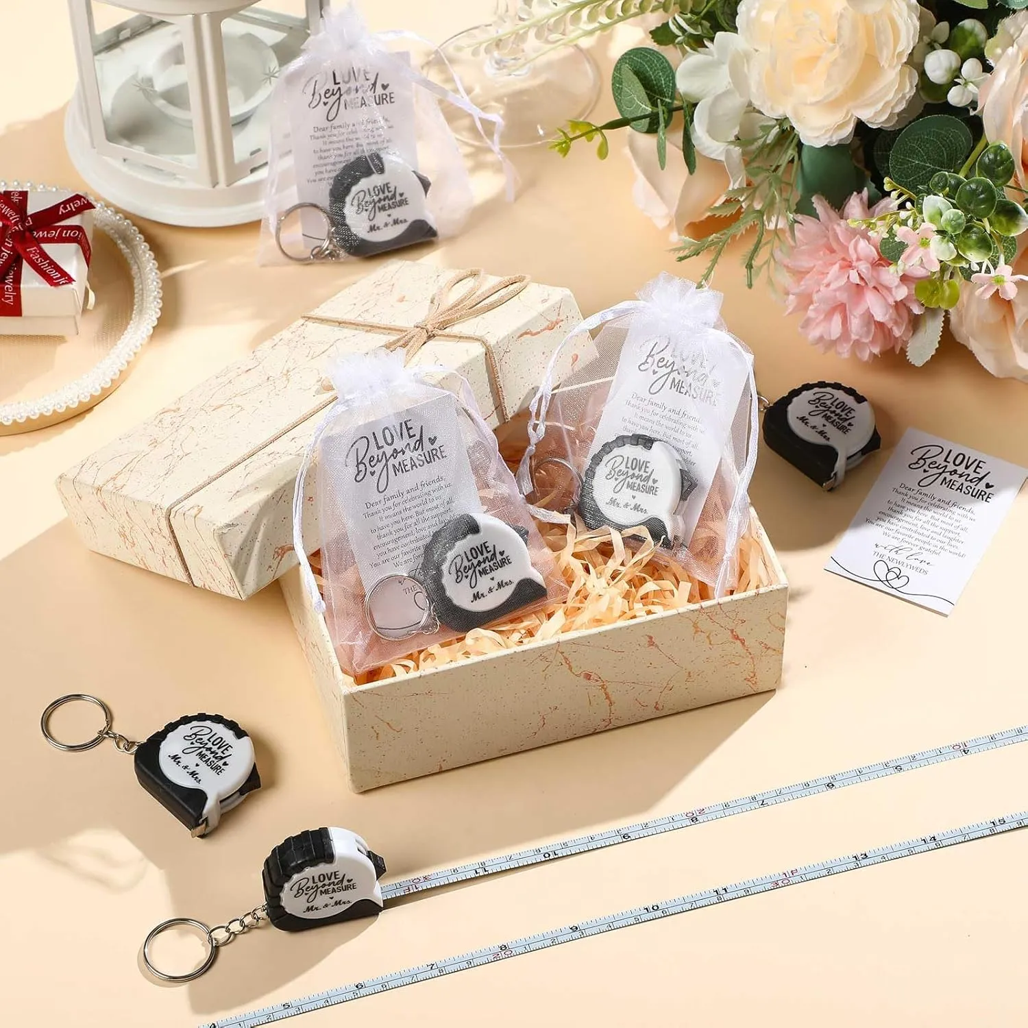 Loetere Wedding Favors for Guests Tape Measure Keychains with Cards Gift Bags for Bridal Shower Wedding Party Souvenirs (100 Sets)