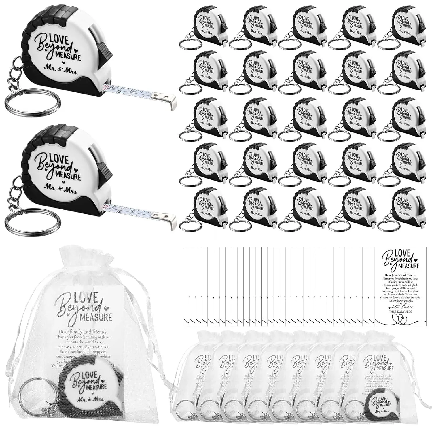 Loetere Wedding Favors for Guests Tape Measure Keychains with Cards Gift Bags for Bridal Shower Wedding Party Souvenirs (100 Sets)