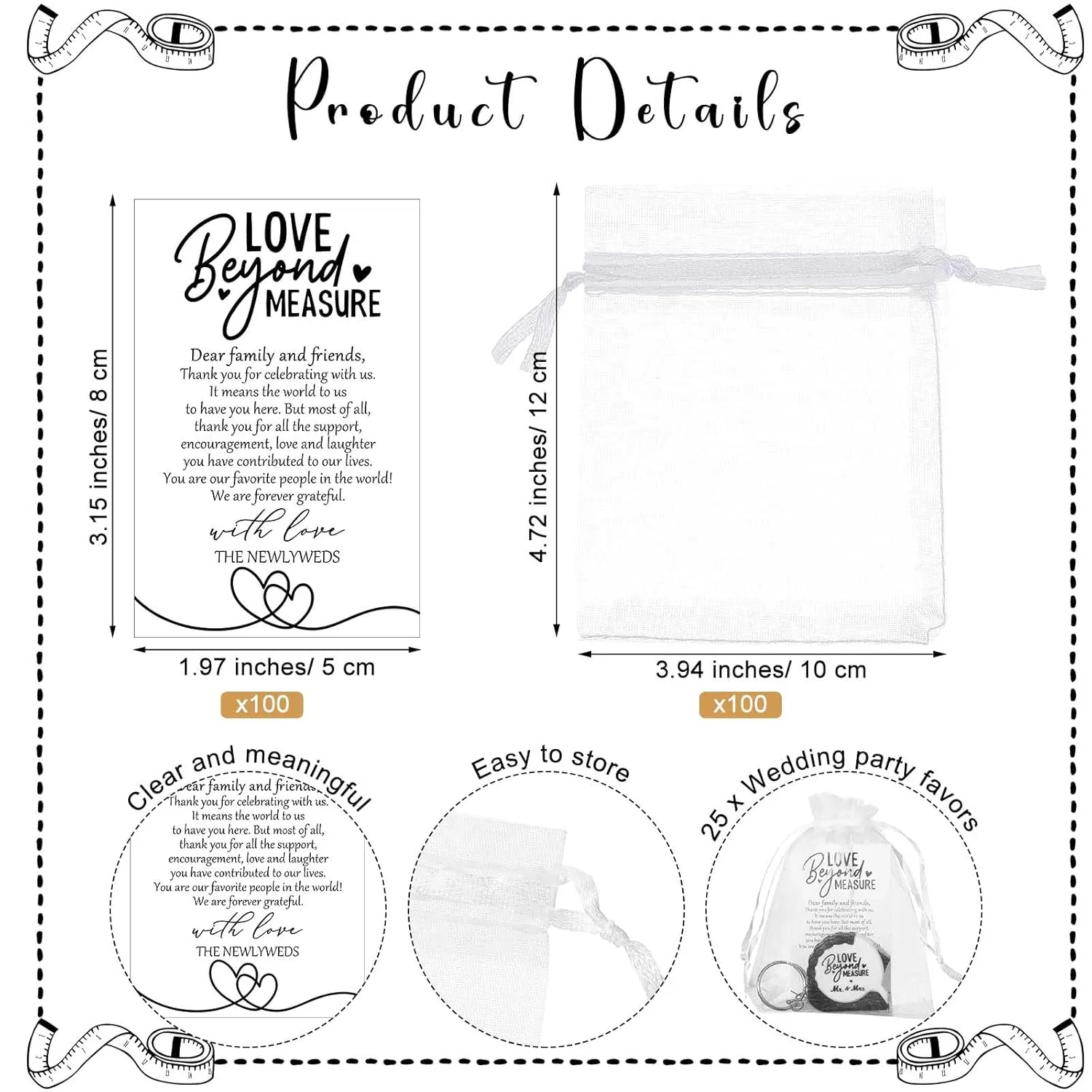 Loetere Wedding Favors for Guests Tape Measure Keychains with Cards Gift Bags for Bridal Shower Wedding Party Souvenirs (100 Sets)