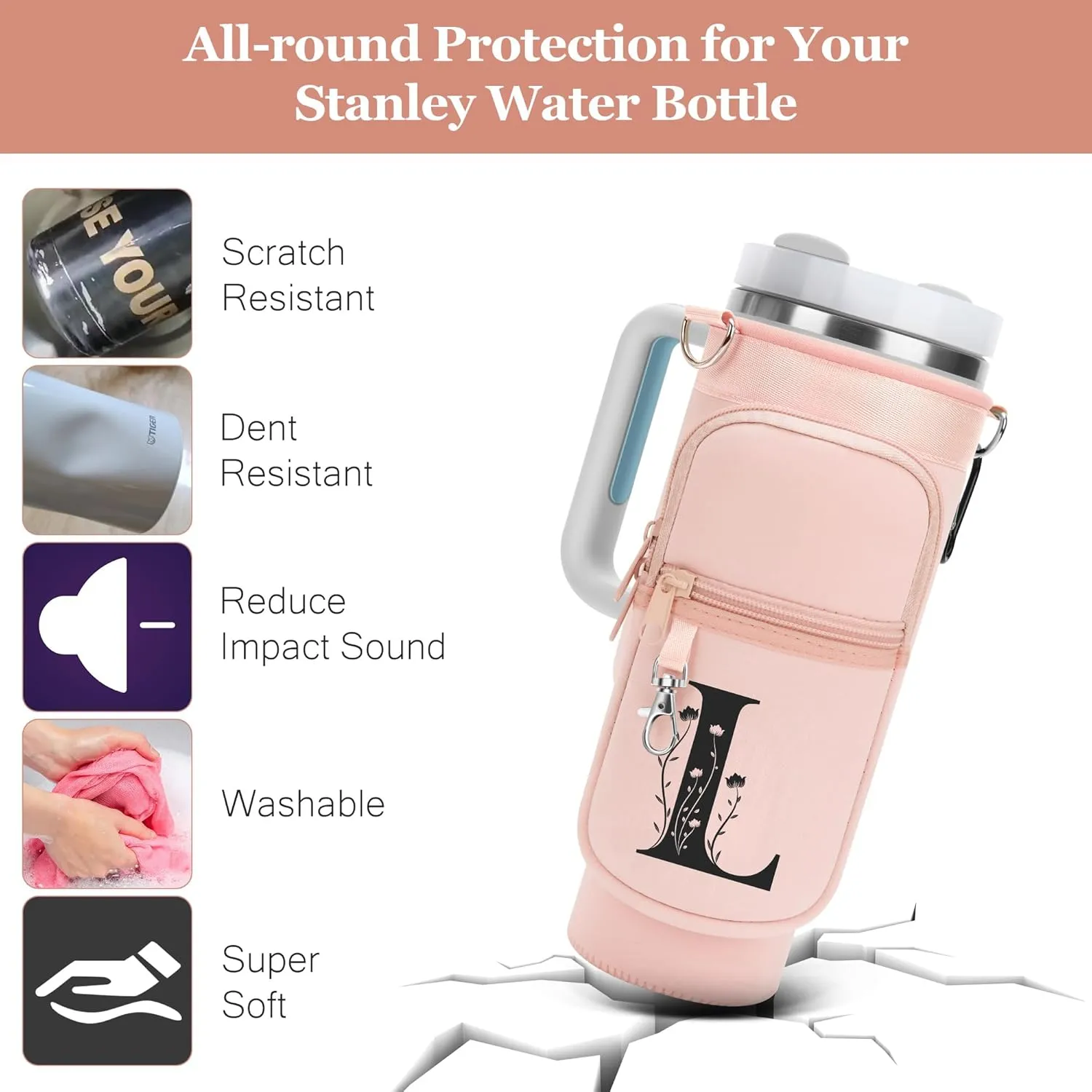 LOKASS for Stanley Cup Accessories 40 oz Water Bottle Carrier Bag with Phone Pocket for Stanley Tumbler Holder with Strap, Personalized Gifts with Floral Initial A-Z for Women/Girls/Stanley Cup Fans