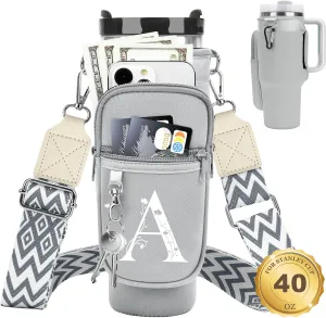 LOKASS for Stanley Cup Accessories 40 oz Water Bottle Carrier Bag with Phone Pocket for Stanley Tumbler Holder with Strap, Personalized Gifts with Floral Initial A-Z for Women/Girls/Stanley Cup Fans