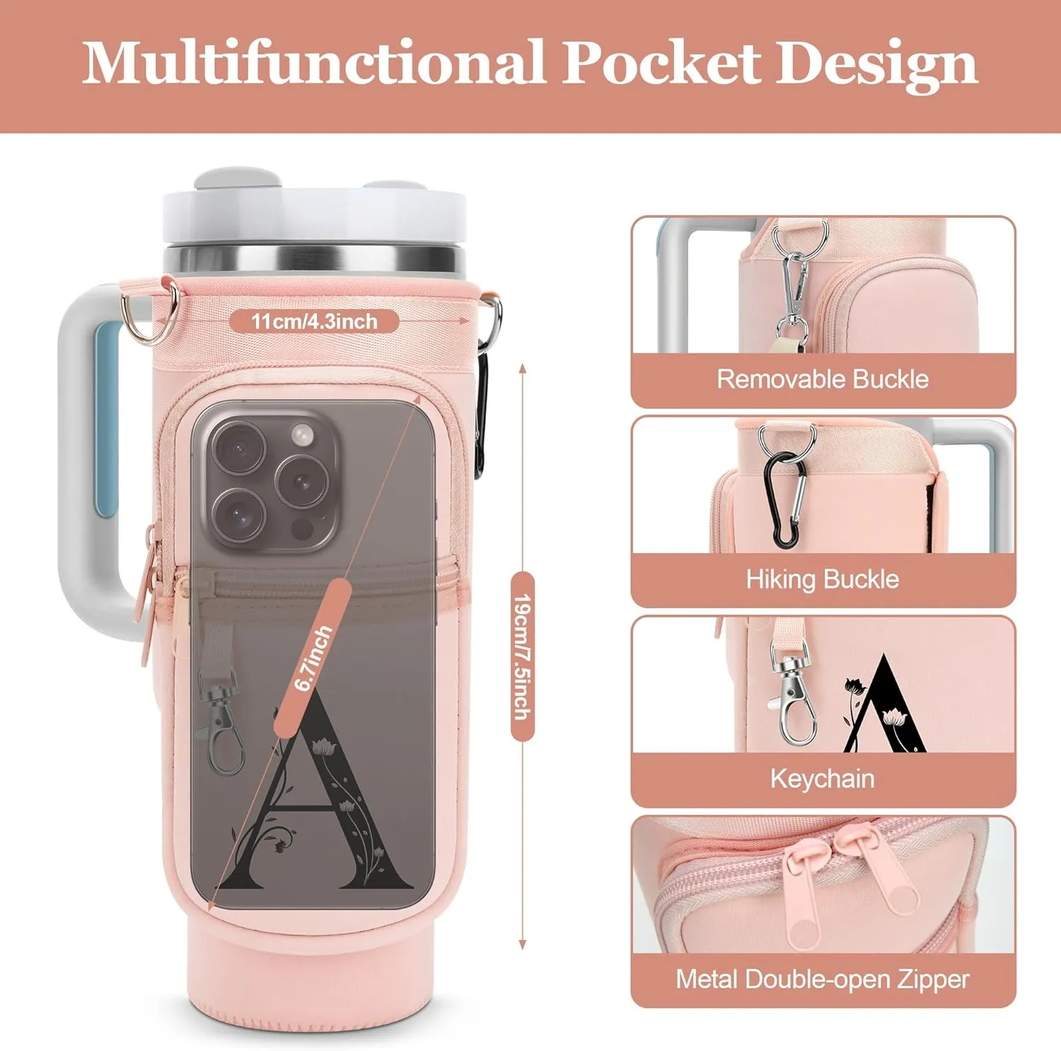 LOKASS for Stanley Cup Accessories 40 oz Water Bottle Carrier Bag with Phone Pocket for Stanley Tumbler Holder with Strap, Personalized Gifts with Floral Initial A-Z for Women/Girls/Stanley Cup Fans