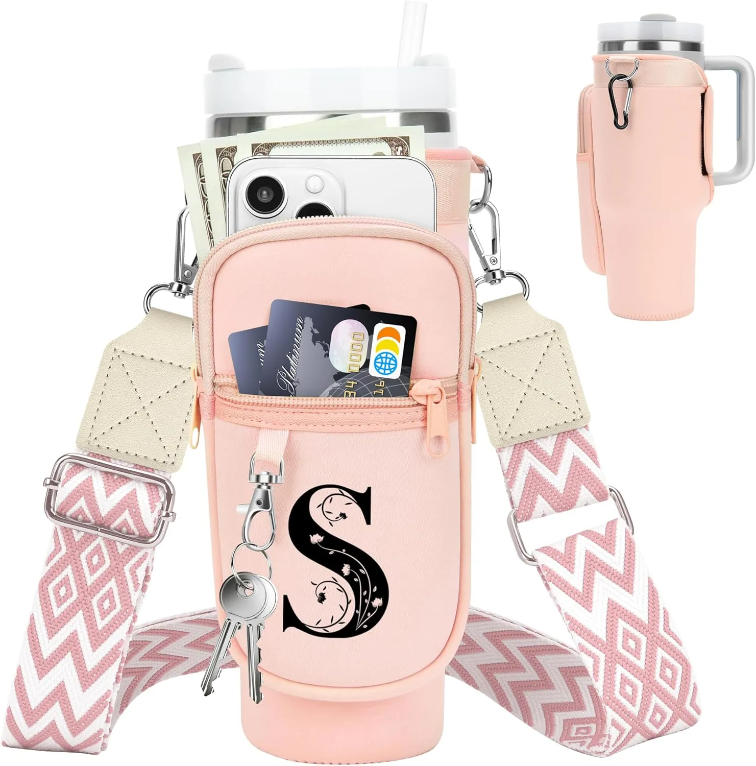 LOKASS for Stanley Cup Accessories 40 oz Water Bottle Carrier Bag with Phone Pocket for Stanley Tumbler Holder with Strap, Personalized Gifts with Floral Initial A-Z for Women/Girls/Stanley Cup Fans