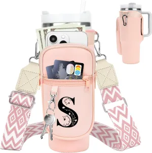 LOKASS for Stanley Cup Accessories 40 oz Water Bottle Carrier Bag with Phone Pocket for Stanley Tumbler Holder with Strap, Personalized Gifts with Floral Initial A-Z for Women/Girls/Stanley Cup Fans