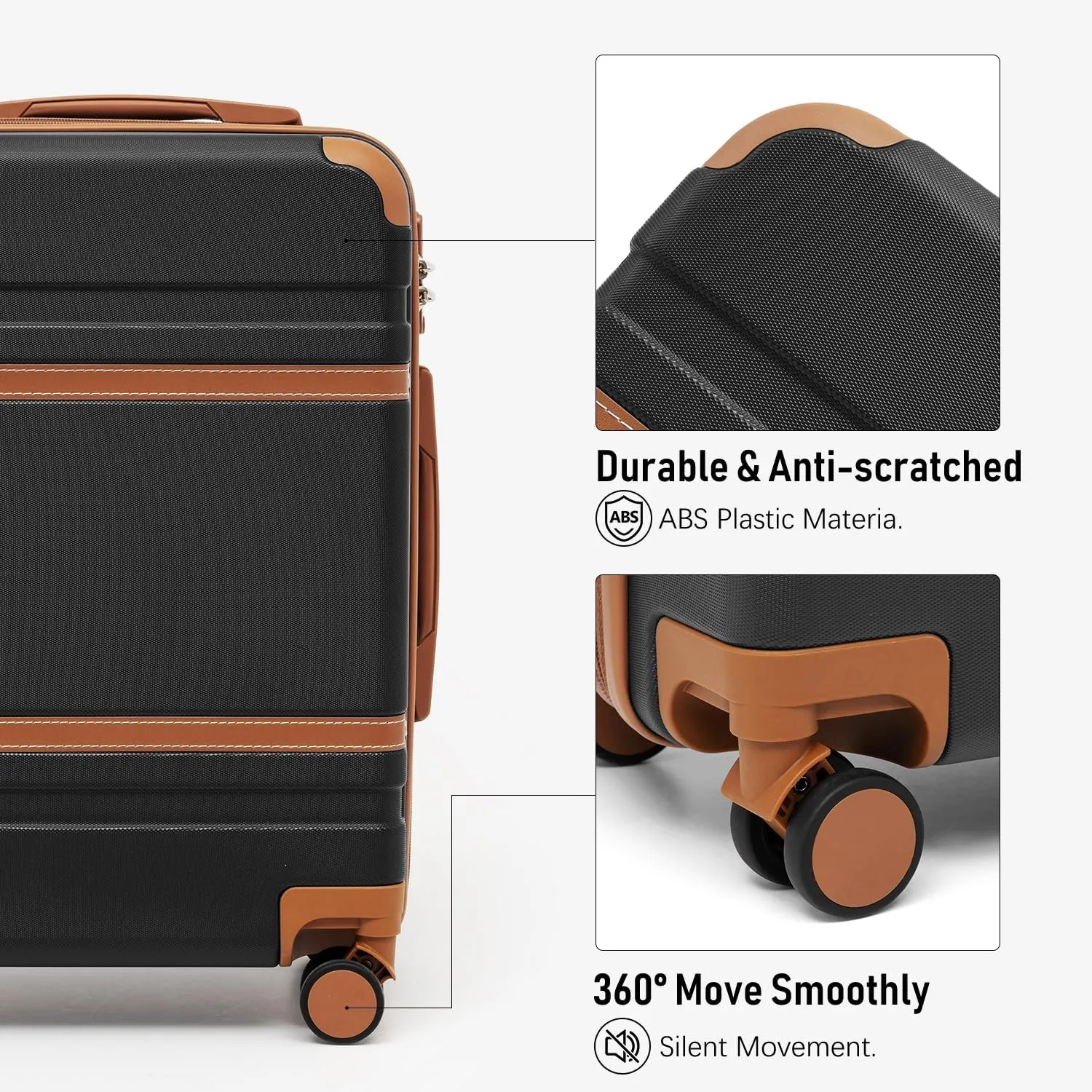 LONG VACATION Luggage Set 3 Piece Luggage ABS Carry on Suitcase Hardside Luggage with TSA Lock Spinner Wheels Travel Bag(Black Brown, 20 INCH)