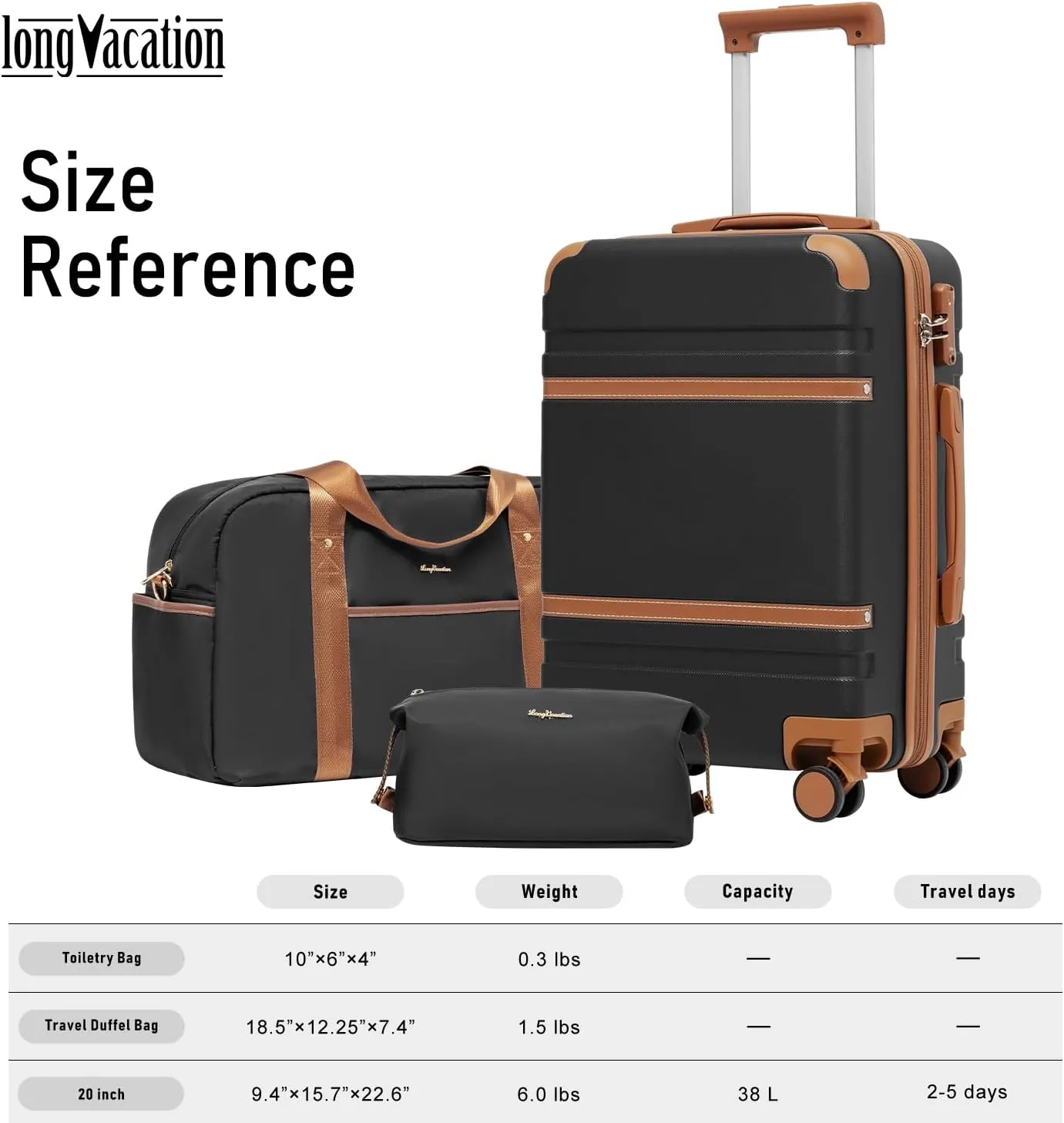 LONG VACATION Luggage Set 3 Piece Luggage ABS Carry on Suitcase Hardside Luggage with TSA Lock Spinner Wheels Travel Bag(Black Brown, 20 INCH)