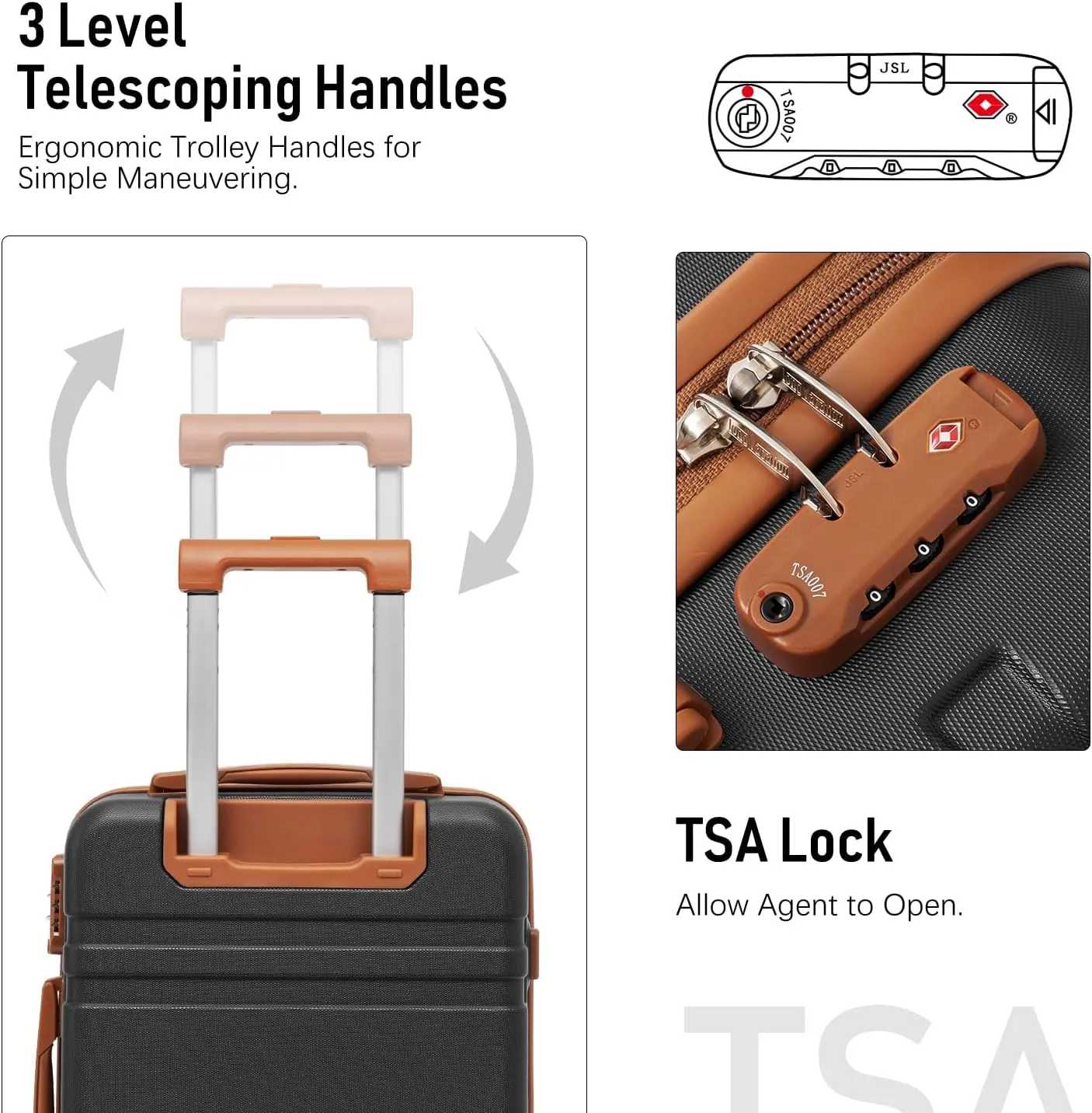 LONG VACATION Luggage Set 3 Piece Luggage ABS Carry on Suitcase Hardside Luggage with TSA Lock Spinner Wheels Travel Bag(Black Brown, 20 INCH)