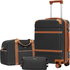 LONG VACATION Luggage Set 3 Piece Luggage ABS Carry on Suitcase Hardside Luggage with TSA Lock Spinner Wheels Travel Bag(Black Brown, 20 INCH)