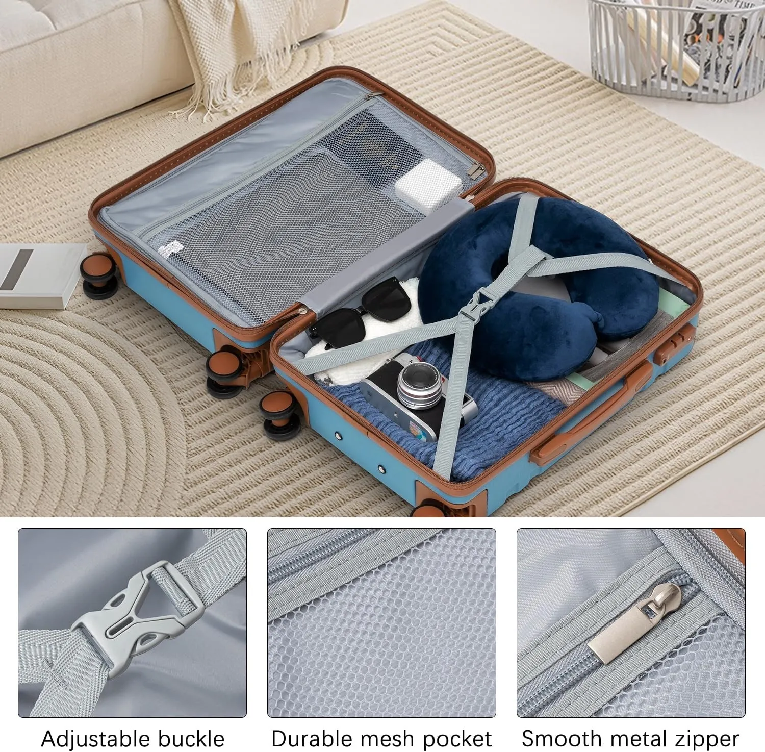 LONG VACATION Luggage Set 3 Piece Luggage ABS Carry on Suitcase Hardside Luggage with TSA Lock Spinner Wheels Travel Bag(Blue, 20 INCH)