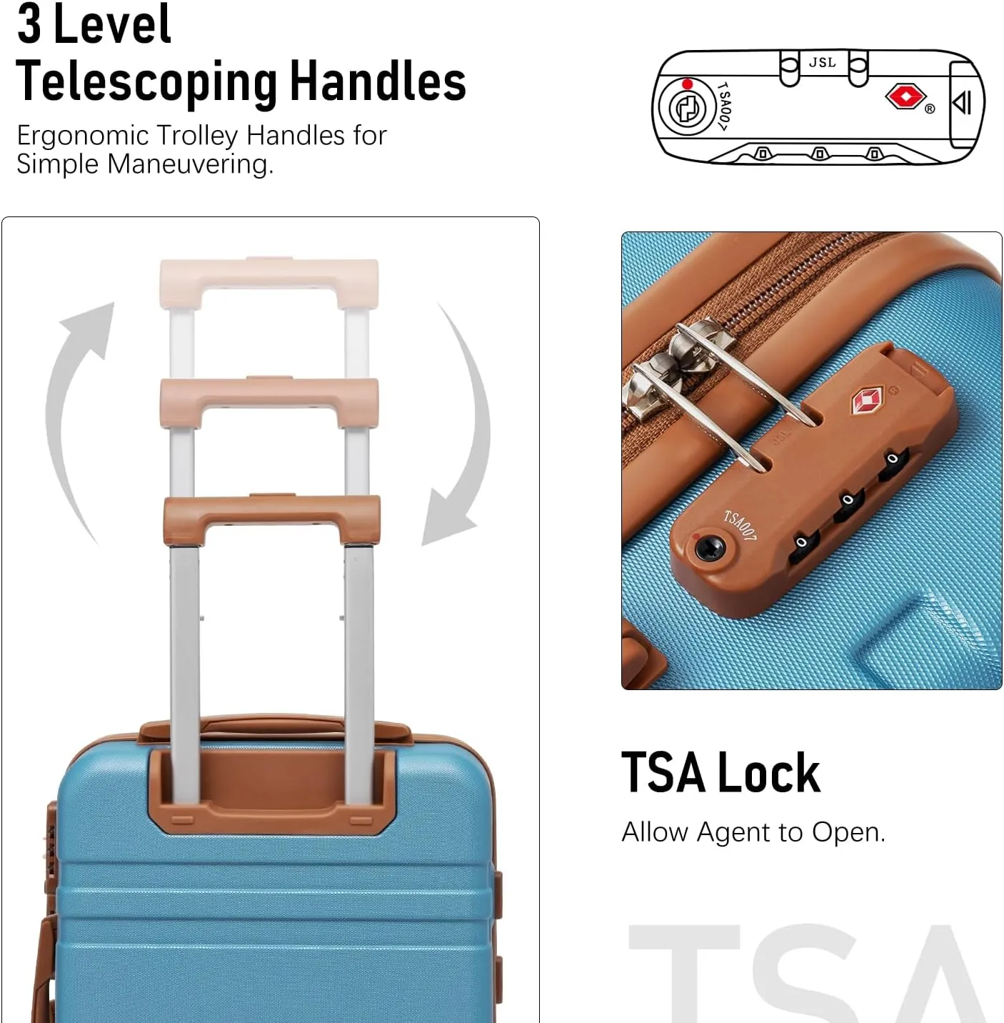 LONG VACATION Luggage Set 3 Piece Luggage ABS Carry on Suitcase Hardside Luggage with TSA Lock Spinner Wheels Travel Bag(Blue, 20 INCH)