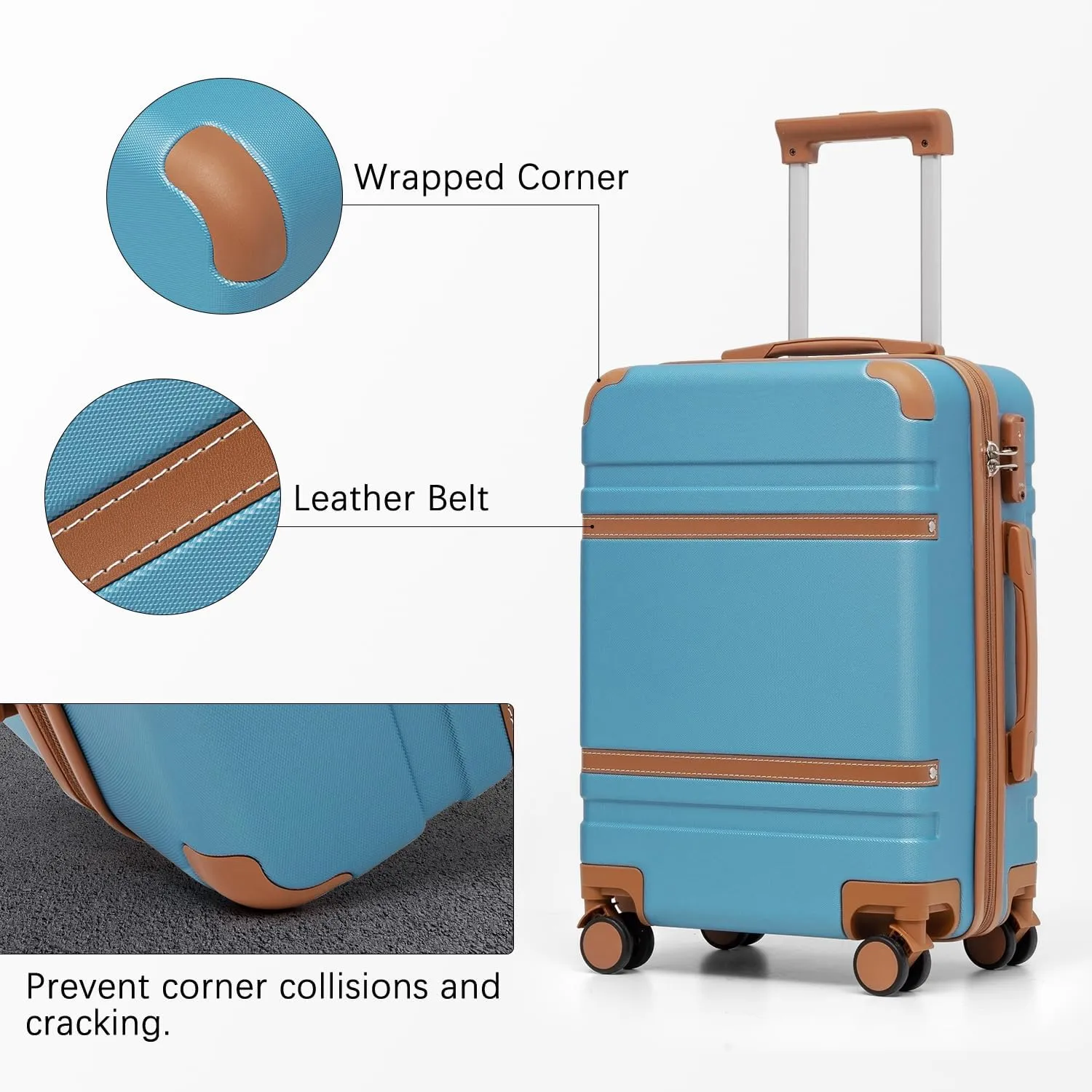 LONG VACATION Luggage Set 3 Piece Luggage ABS Carry on Suitcase Hardside Luggage with TSA Lock Spinner Wheels Travel Bag(Blue, 20 INCH)