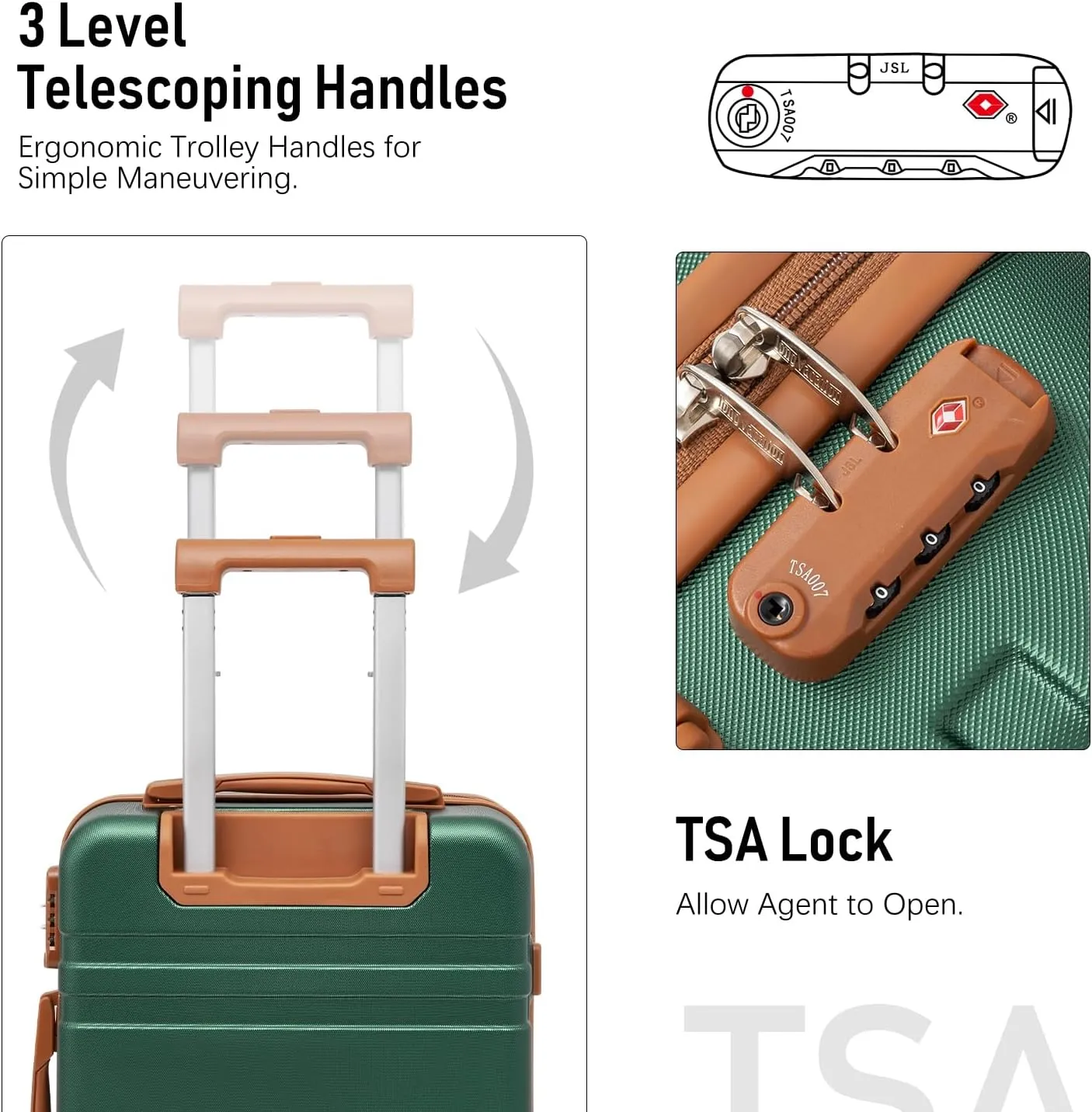 LONG VACATION Luggage Set 3 Piece Luggage ABS Carry on Suitcase Hardside Luggage with TSA Lock Spinner Wheels Travel Bag(Green Brown, 20 INCH)