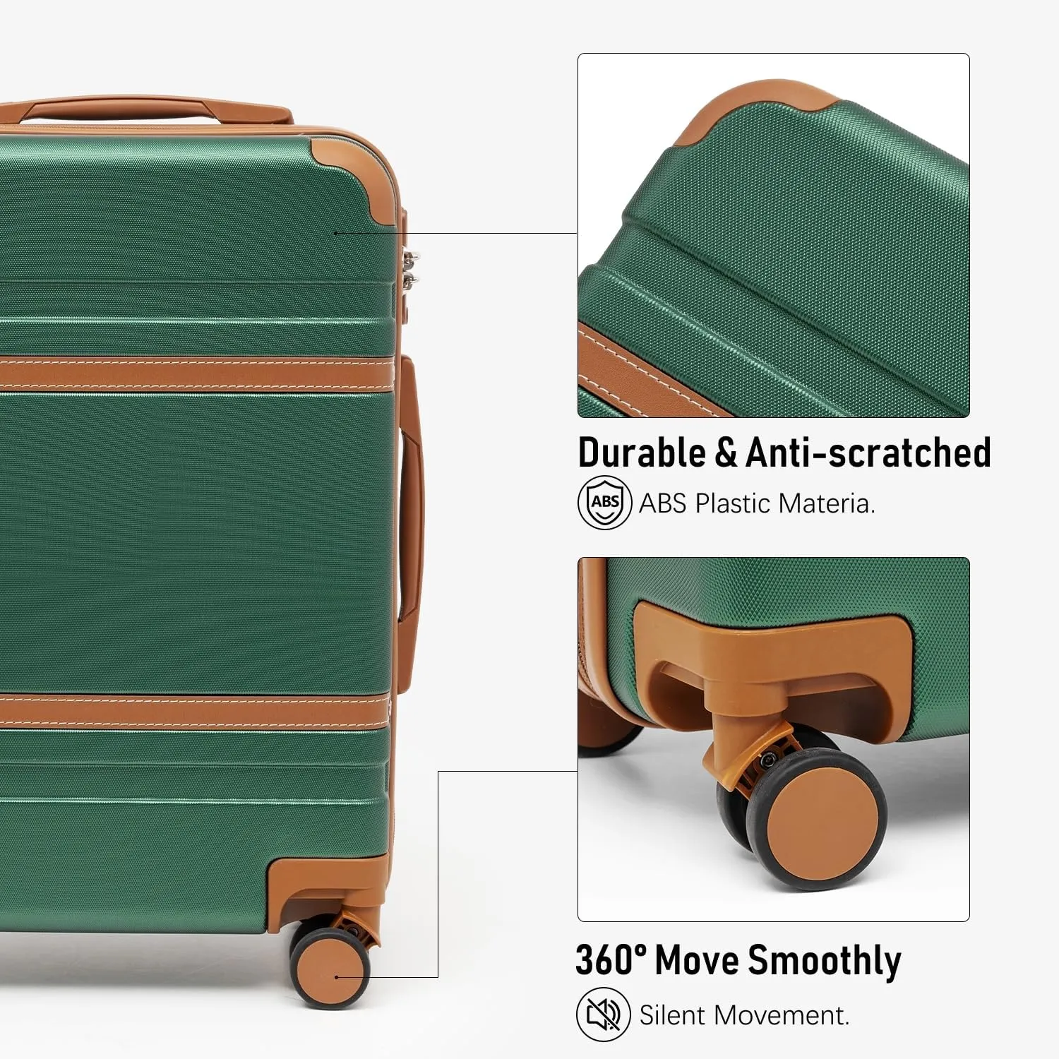 LONG VACATION Luggage Set 3 Piece Luggage ABS Carry on Suitcase Hardside Luggage with TSA Lock Spinner Wheels Travel Bag(Green Brown, 20 INCH)