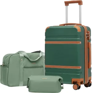 LONG VACATION Luggage Set 3 Piece Luggage ABS Carry on Suitcase Hardside Luggage with TSA Lock Spinner Wheels Travel Bag(Green Brown, 20 INCH)