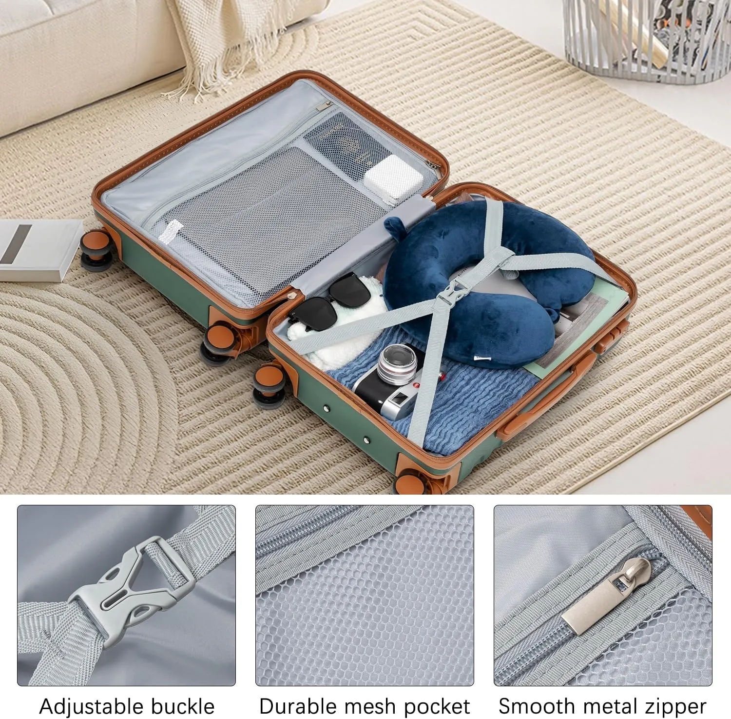 LONG VACATION Luggage Set 3 Piece Luggage ABS Carry on Suitcase Hardside Luggage with TSA Lock Spinner Wheels Travel Bag(Green Brown, 20 INCH)