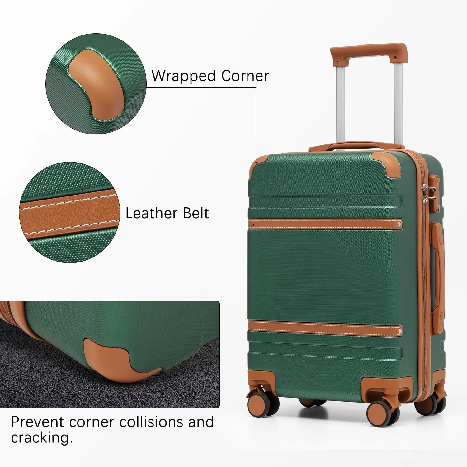 LONG VACATION Luggage Set 3 Piece Luggage ABS Carry on Suitcase Hardside Luggage with TSA Lock Spinner Wheels Travel Bag(Green Brown, 20 INCH)