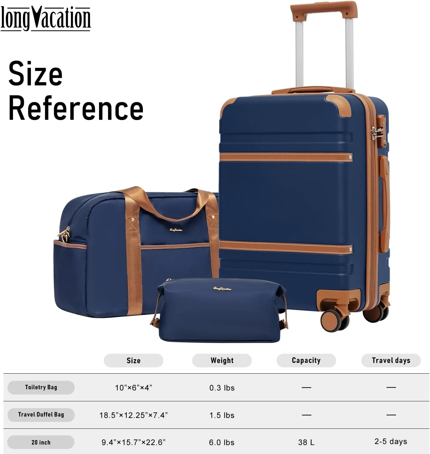LONG VACATION Luggage Set 3 Piece Luggage ABS Carry on Suitcase Hardside Luggage with TSA Lock Spinner Wheels Travel Bag(Navy Brown, 20 INCH)