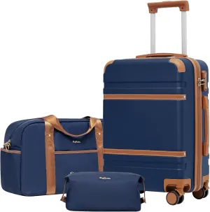 LONG VACATION Luggage Set 3 Piece Luggage ABS Carry on Suitcase Hardside Luggage with TSA Lock Spinner Wheels Travel Bag(Navy Brown, 20 INCH)