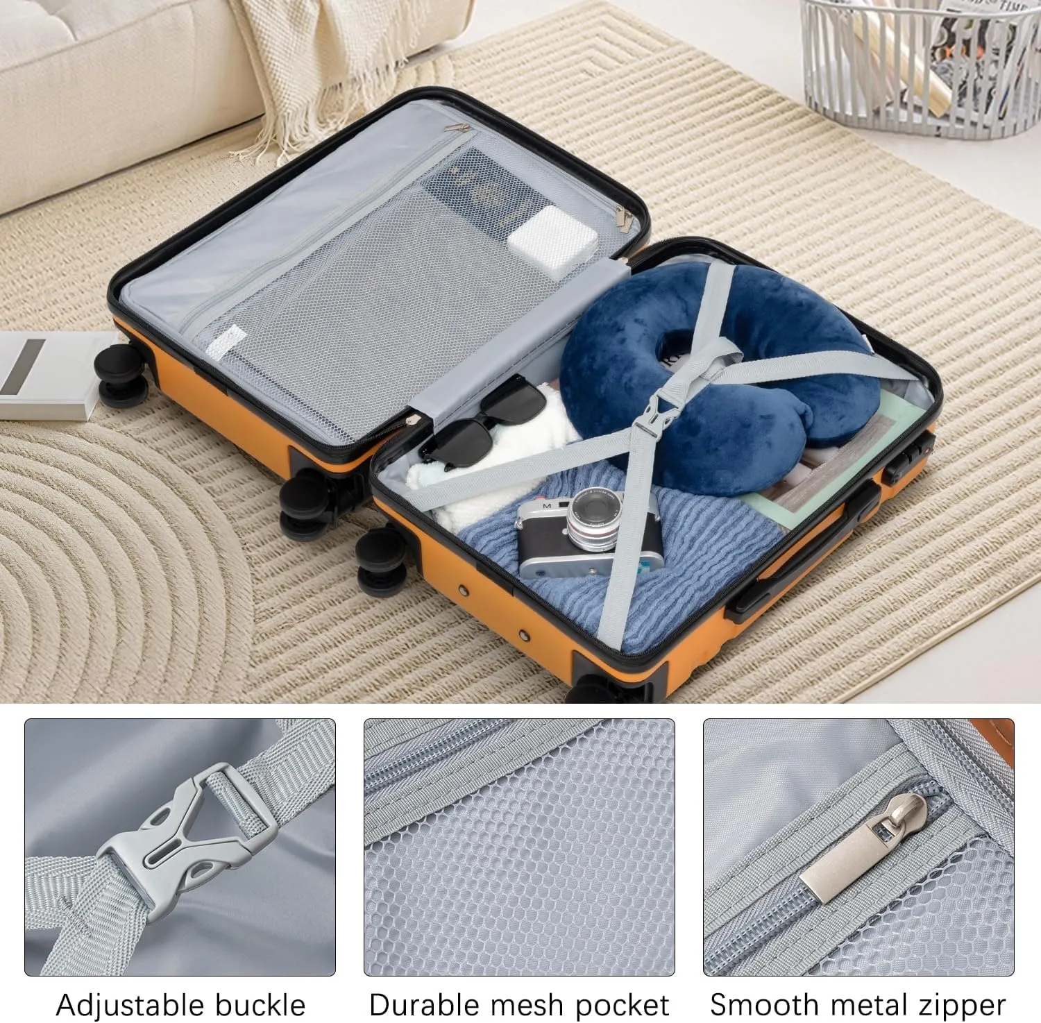 LONG VACATION Luggage Set 3 Piece Luggage ABS Carry on Suitcase Hardside Luggage with TSA Lock Spinner Wheels Travel Bag(Orange, 20 INCH)