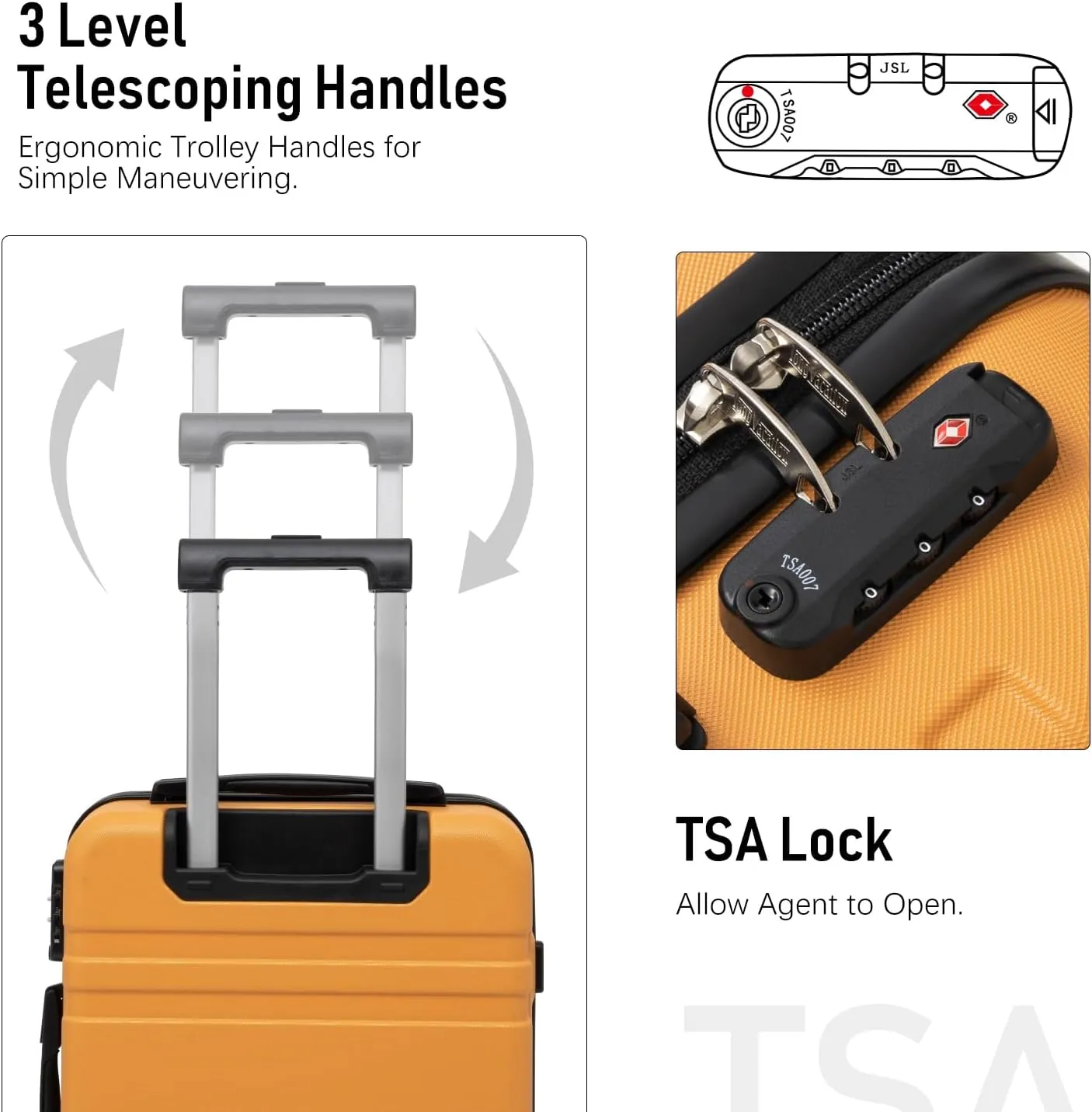 LONG VACATION Luggage Set 3 Piece Luggage ABS Carry on Suitcase Hardside Luggage with TSA Lock Spinner Wheels Travel Bag(Orange, 20 INCH)
