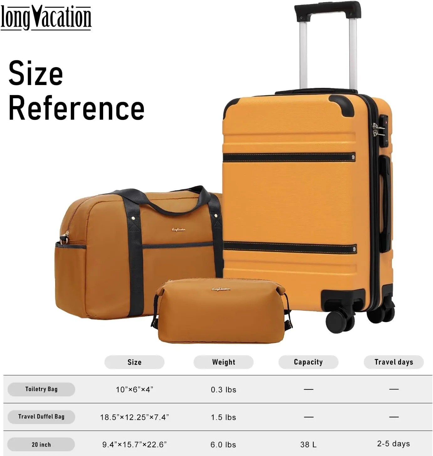LONG VACATION Luggage Set 3 Piece Luggage ABS Carry on Suitcase Hardside Luggage with TSA Lock Spinner Wheels Travel Bag(Orange, 20 INCH)