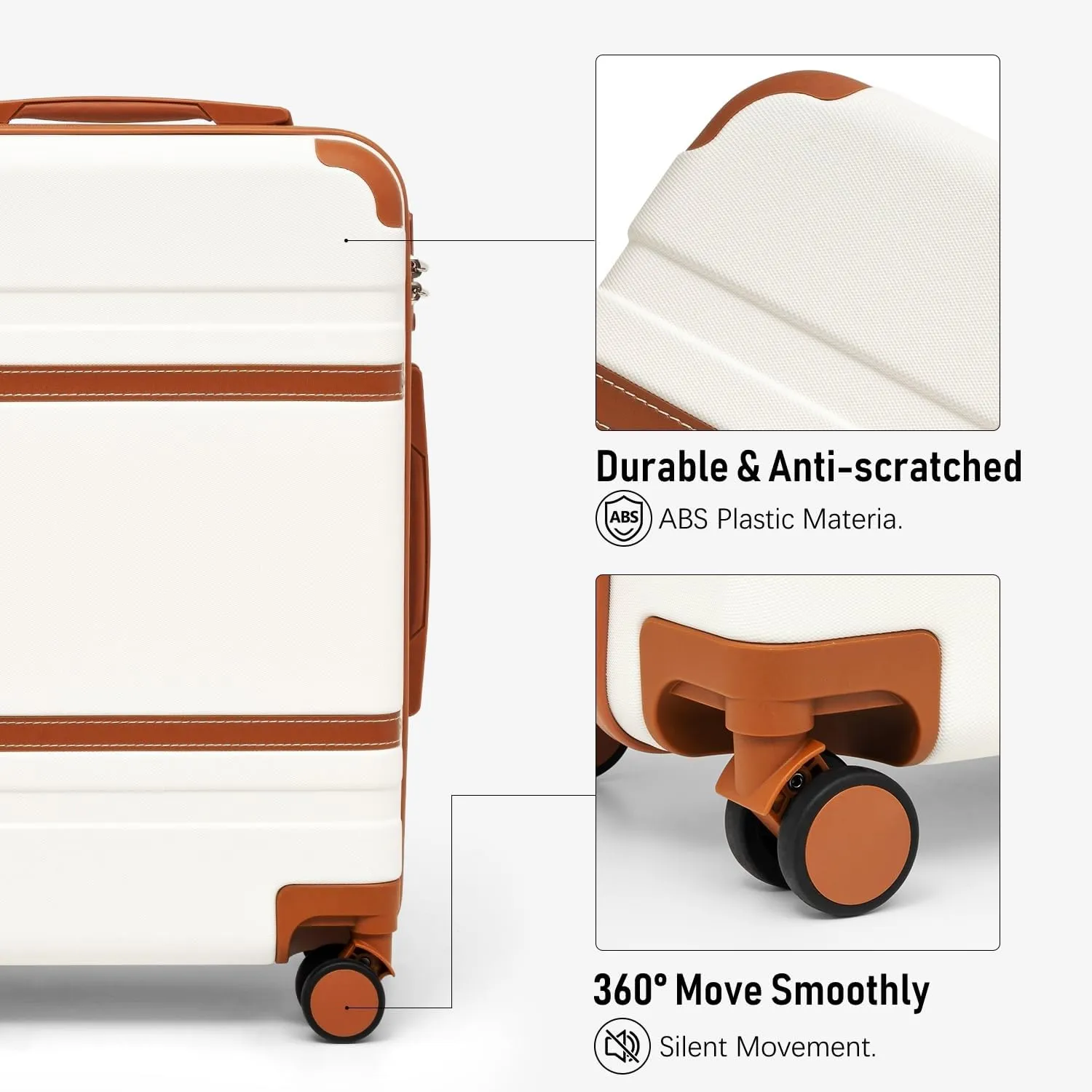 LONG VACATION Luggage Set 3 Piece Luggage ABS Carry on Suitcase Hardside Luggage with TSA Lock Spinner Wheels Travel Bag(White Brown, 20 INCH)