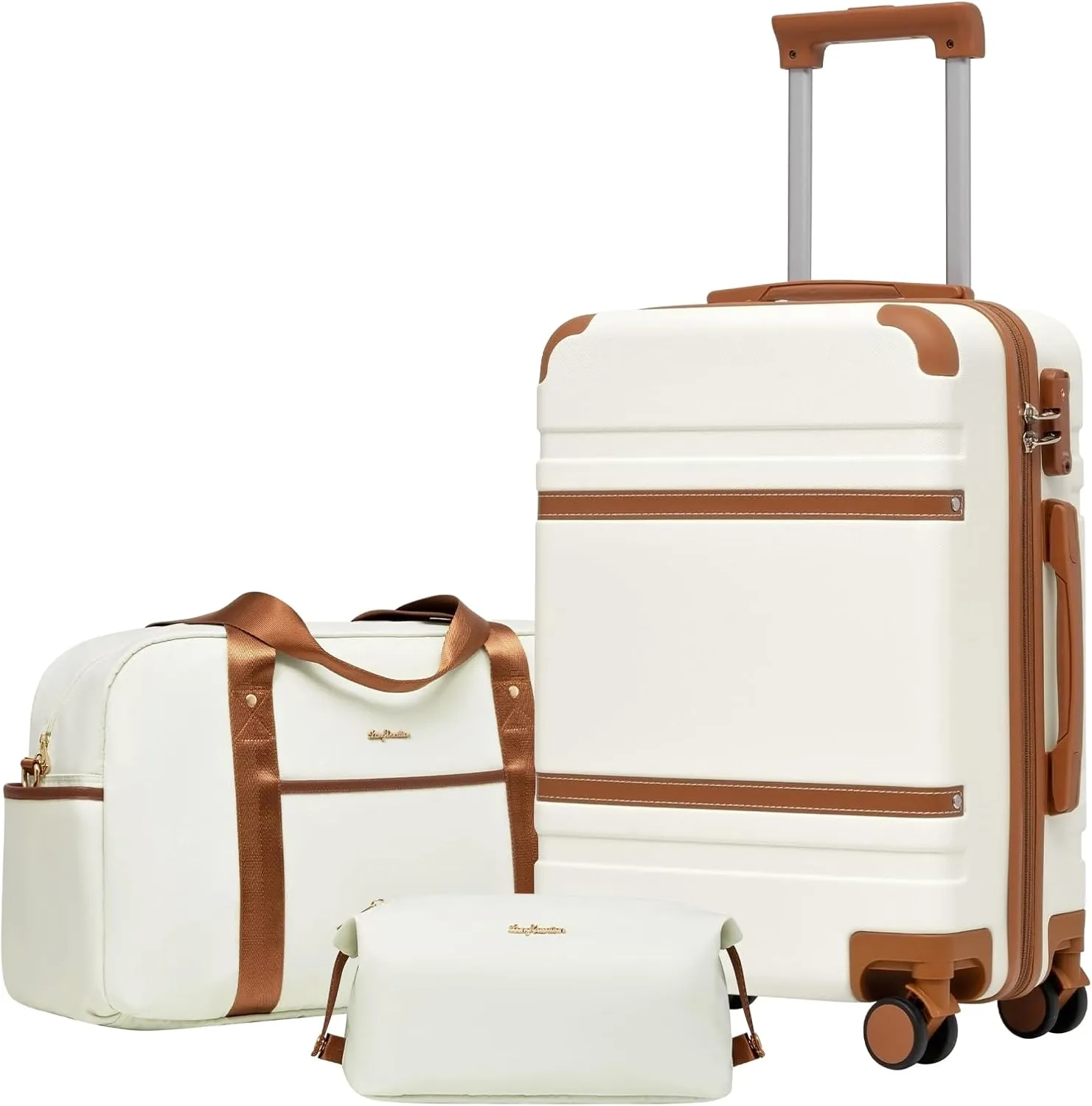 LONG VACATION Luggage Set 3 Piece Luggage ABS Carry on Suitcase Hardside Luggage with TSA Lock Spinner Wheels Travel Bag(White Brown, 20 INCH)