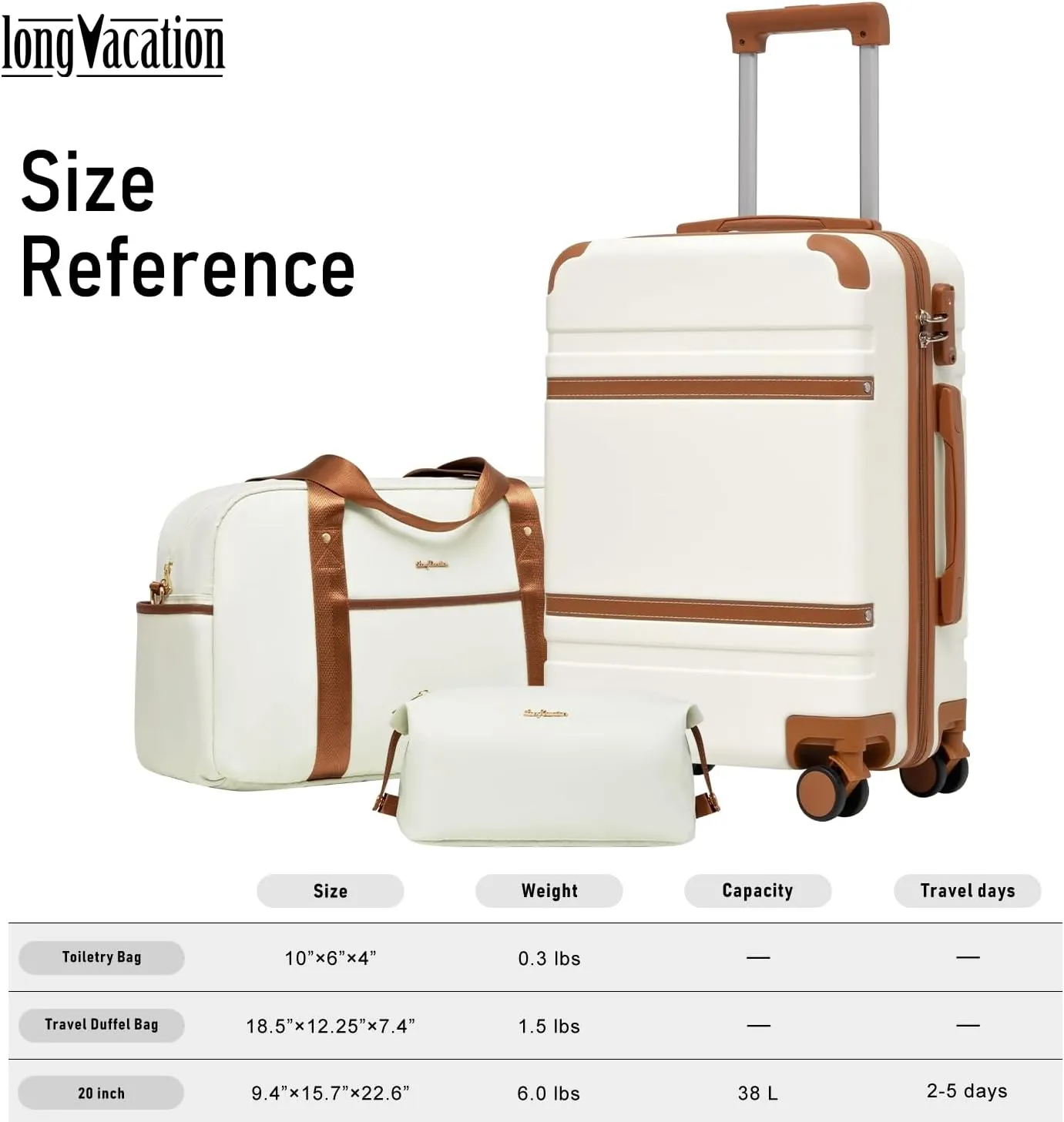 LONG VACATION Luggage Set 3 Piece Luggage ABS Carry on Suitcase Hardside Luggage with TSA Lock Spinner Wheels Travel Bag(White Brown, 20 INCH)