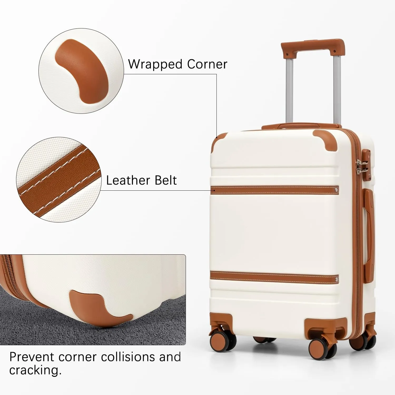 LONG VACATION Luggage Set 3 Piece Luggage ABS Carry on Suitcase Hardside Luggage with TSA Lock Spinner Wheels Travel Bag(White Brown, 20 INCH)