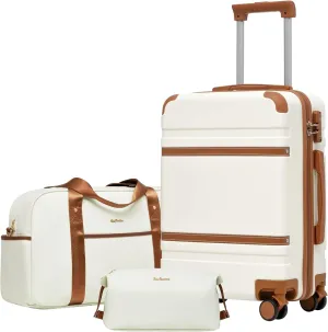 LONG VACATION Luggage Set 3 Piece Luggage ABS Carry on Suitcase Hardside Luggage with TSA Lock Spinner Wheels Travel Bag(White Brown, 20 INCH)