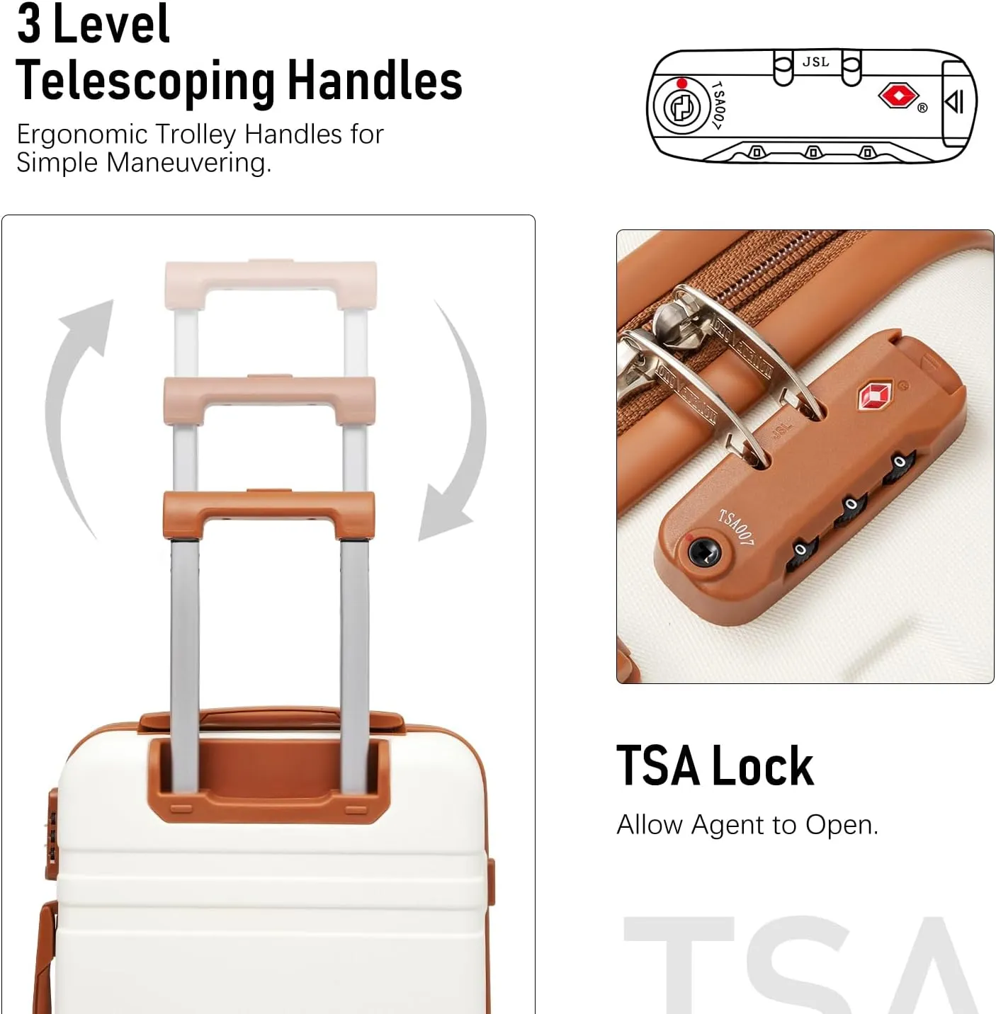LONG VACATION Luggage Set 3 Piece Luggage ABS Carry on Suitcase Hardside Luggage with TSA Lock Spinner Wheels Travel Bag(White Brown, 20 INCH)