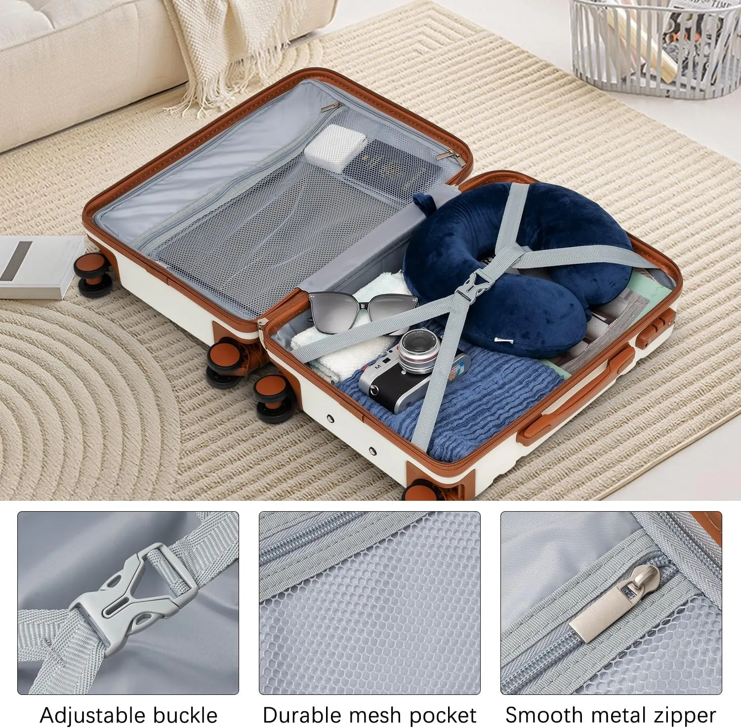 LONG VACATION Luggage Set 3 Piece Luggage ABS Carry on Suitcase Hardside Luggage with TSA Lock Spinner Wheels Travel Bag(White Brown, 20 INCH)