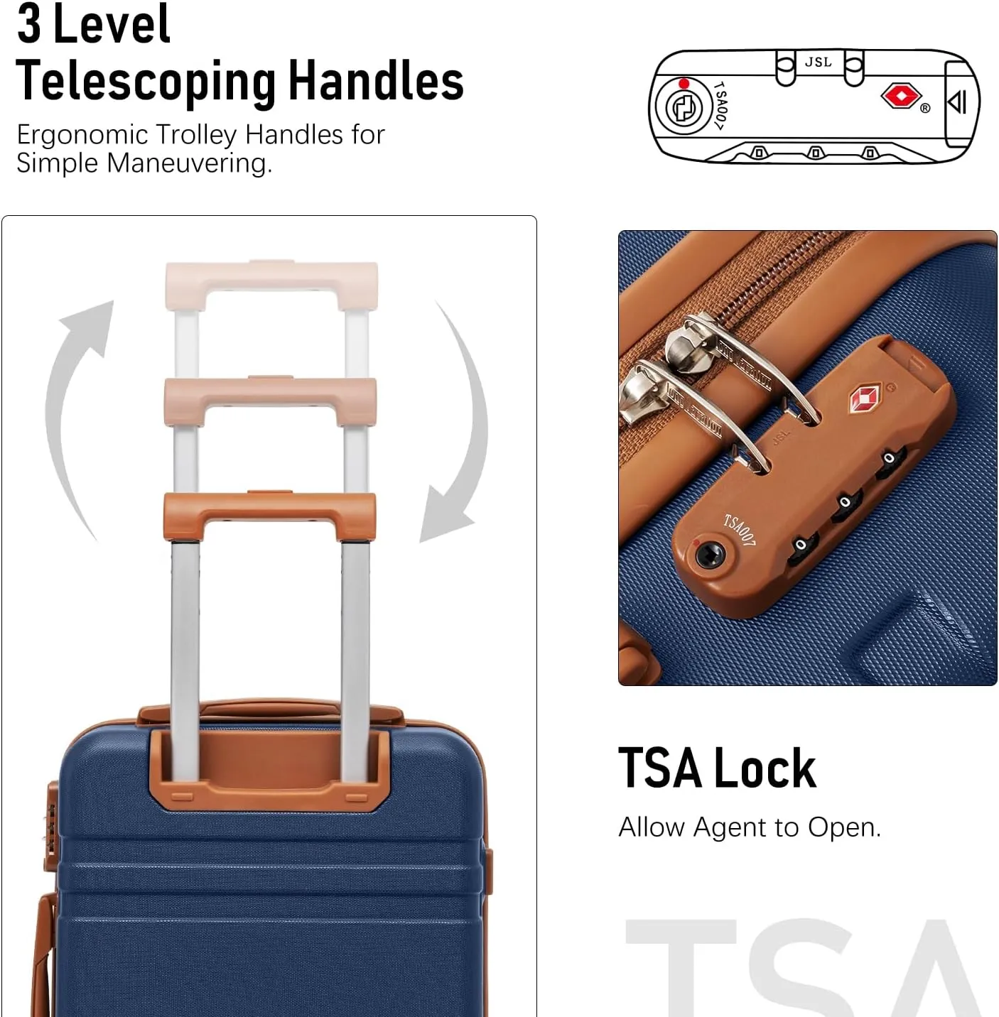 LONG VACATION Luggage Set 4 Piece Luggage ABS Carry on Suitcase with TSA Lock Spinner Wheels Travel Bag(Navy Brown, 6 piece set)