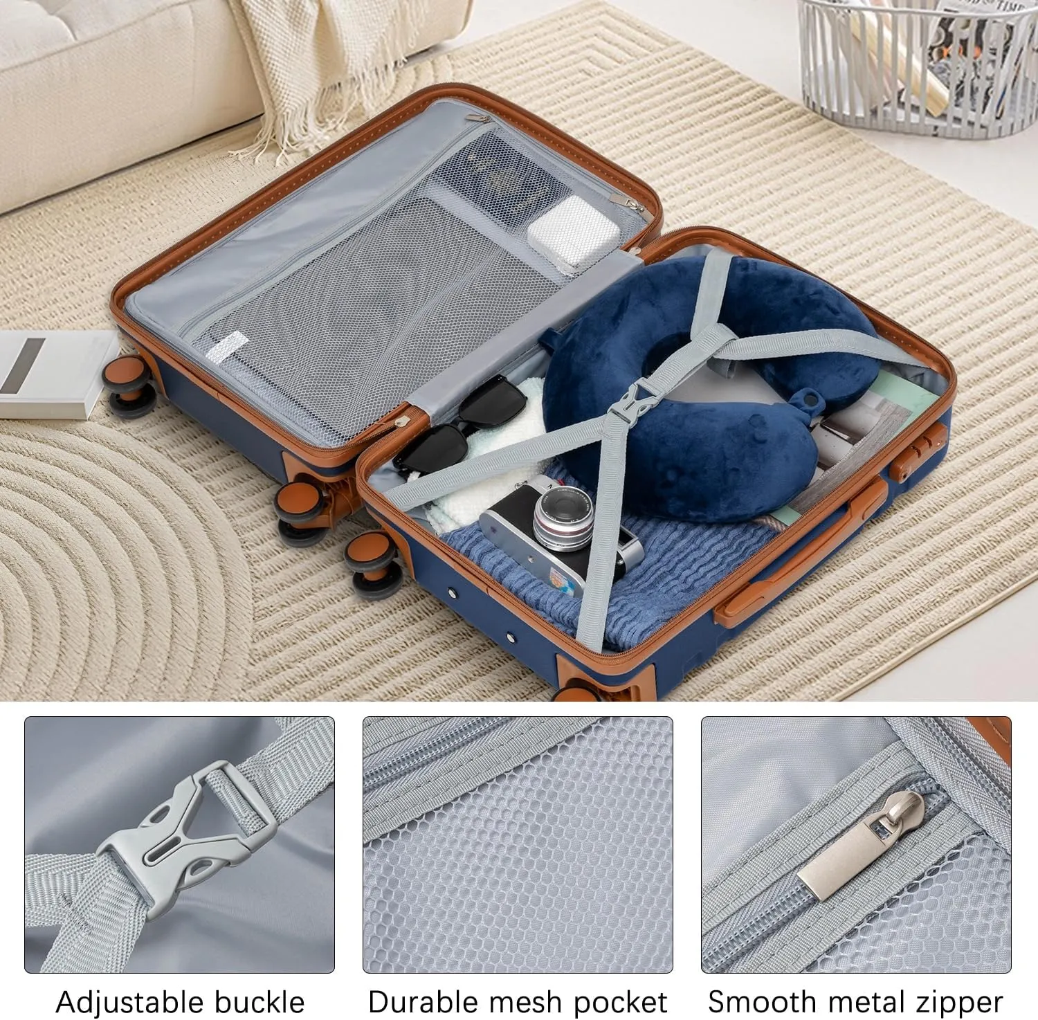 LONG VACATION Luggage Set 4 Piece Luggage ABS Carry on Suitcase with TSA Lock Spinner Wheels Travel Bag(Navy Brown, 6 piece set)