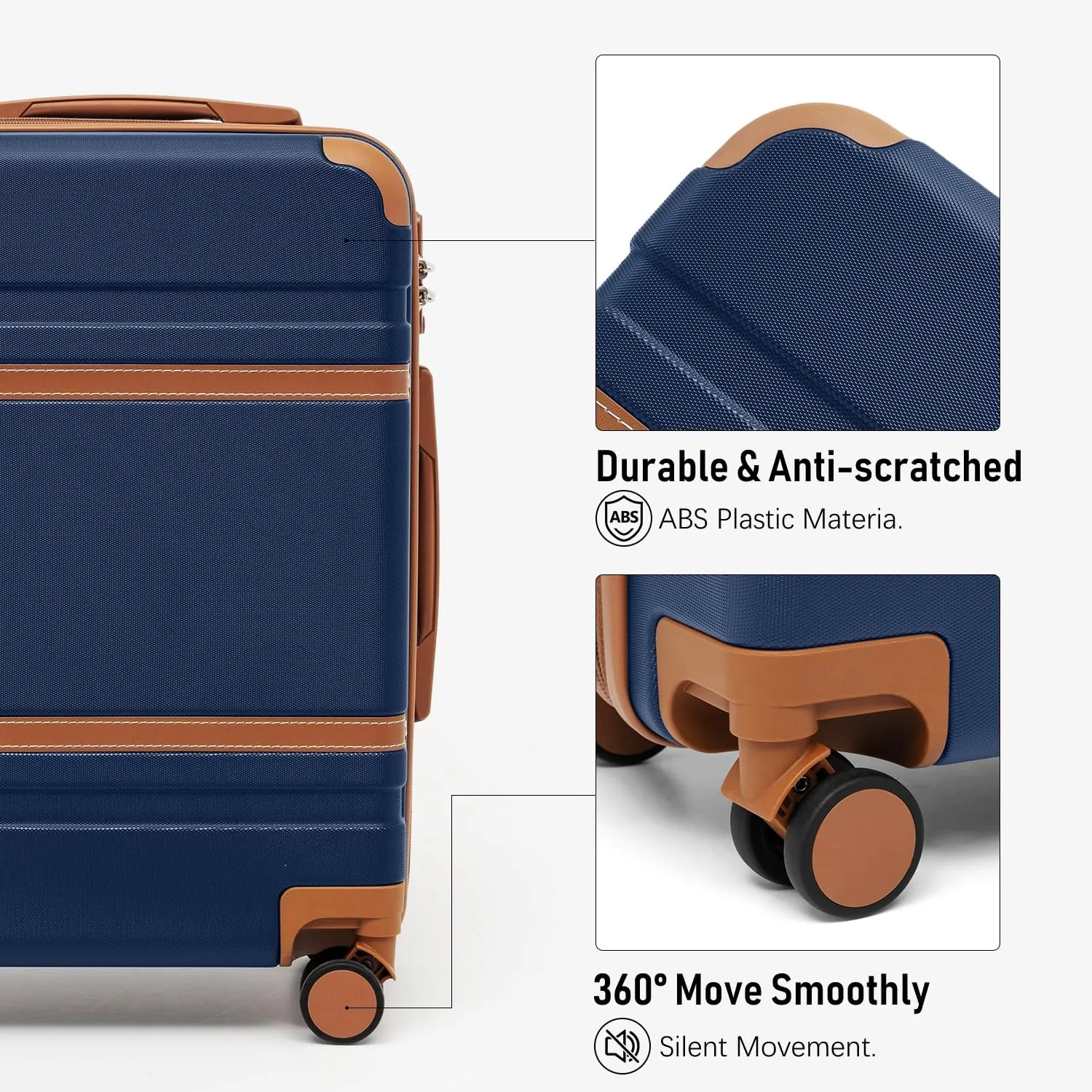 LONG VACATION Luggage Set 4 Piece Luggage ABS Carry on Suitcase with TSA Lock Spinner Wheels Travel Bag(Navy Brown, 6 piece set)