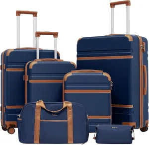 LONG VACATION Luggage Set 4 Piece Luggage ABS Carry on Suitcase with TSA Lock Spinner Wheels Travel Bag(Navy Brown, 6 piece set)