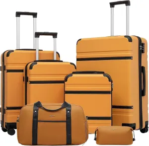 LONG VACATION Luggage Set 4 Piece Luggage ABS Carry on Suitcase with TSA Lock Spinner Wheels Travel Bag(Orange, 6 piece set)