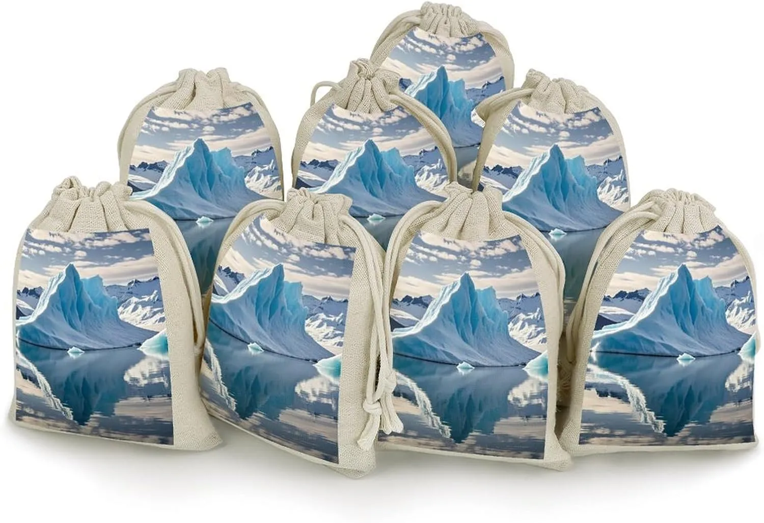 LPSADGF 8 PCS Blue Iceberg Drawstring Gift Bags Reusable Cotton Linen Storage Pouches for Christmas, Weddings, Parties, Favors 4.9"x6.7" Small Burlap Bags