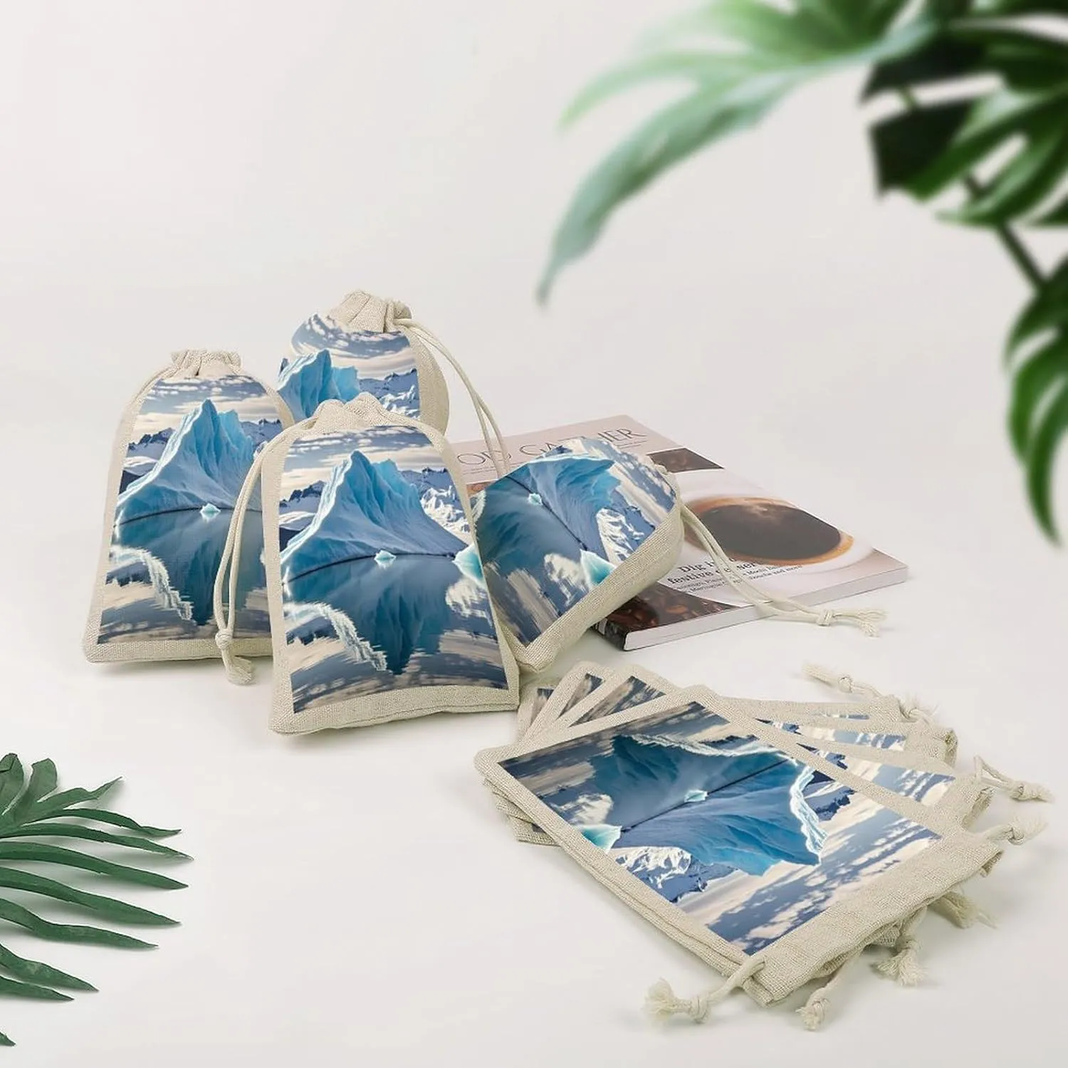 LPSADGF 8 PCS Blue Iceberg Drawstring Gift Bags Reusable Cotton Linen Storage Pouches for Christmas, Weddings, Parties, Favors 4.9"x6.7" Small Burlap Bags