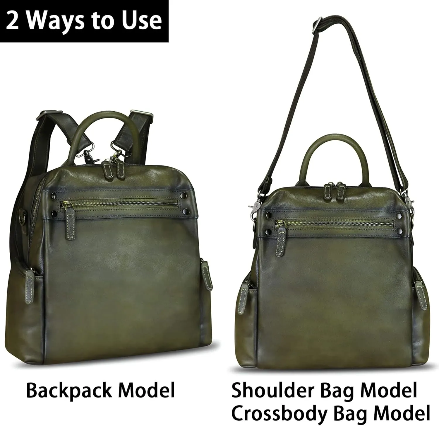 LRTO Genuine Leather Backpack Purse for Women Vintage Casual Daypack Knapsack Handmade Rucksack Convertible Shoulder Bag (Green) Medium