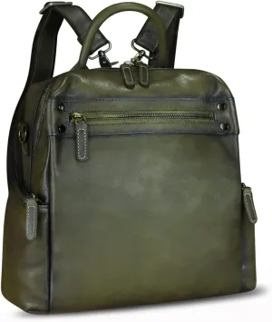 LRTO Genuine Leather Backpack Purse for Women Vintage Casual Daypack Knapsack Handmade Rucksack Convertible Shoulder Bag (Green) Medium