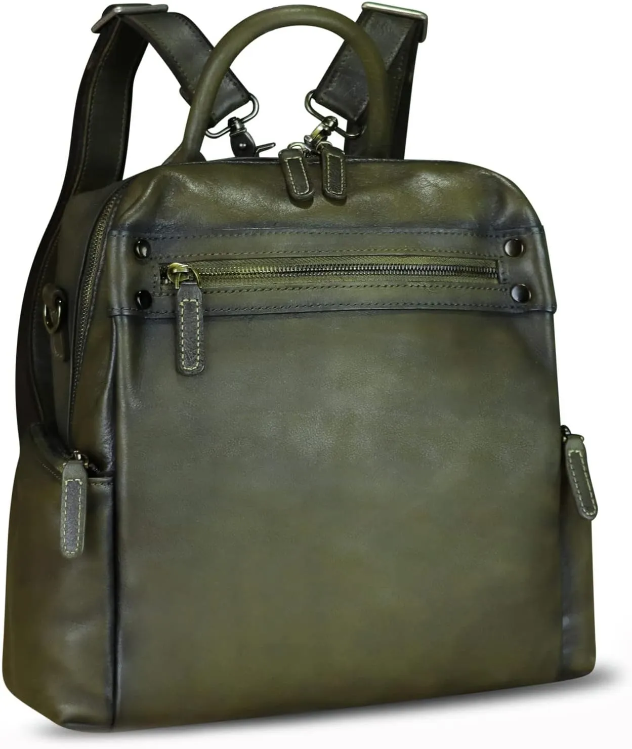 LRTO Genuine Leather Backpack Purse for Women Vintage Casual Daypack Knapsack Handmade Rucksack Convertible Shoulder Bag (Green) Medium