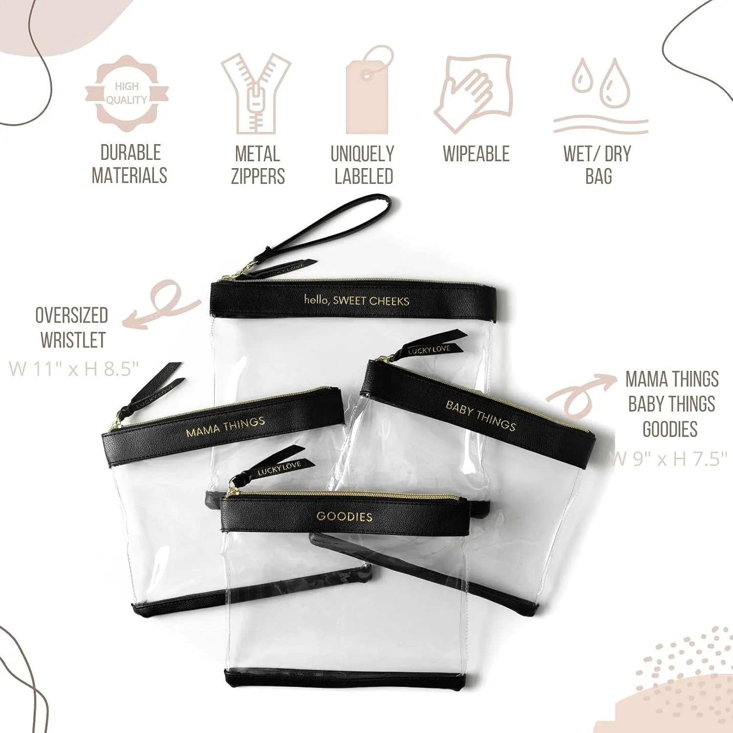 Lucky Love Diaper Bag Organizing Pouches | Set of 4 Including Diaper Clutch | Dry Wet Bag (Black & Clear)