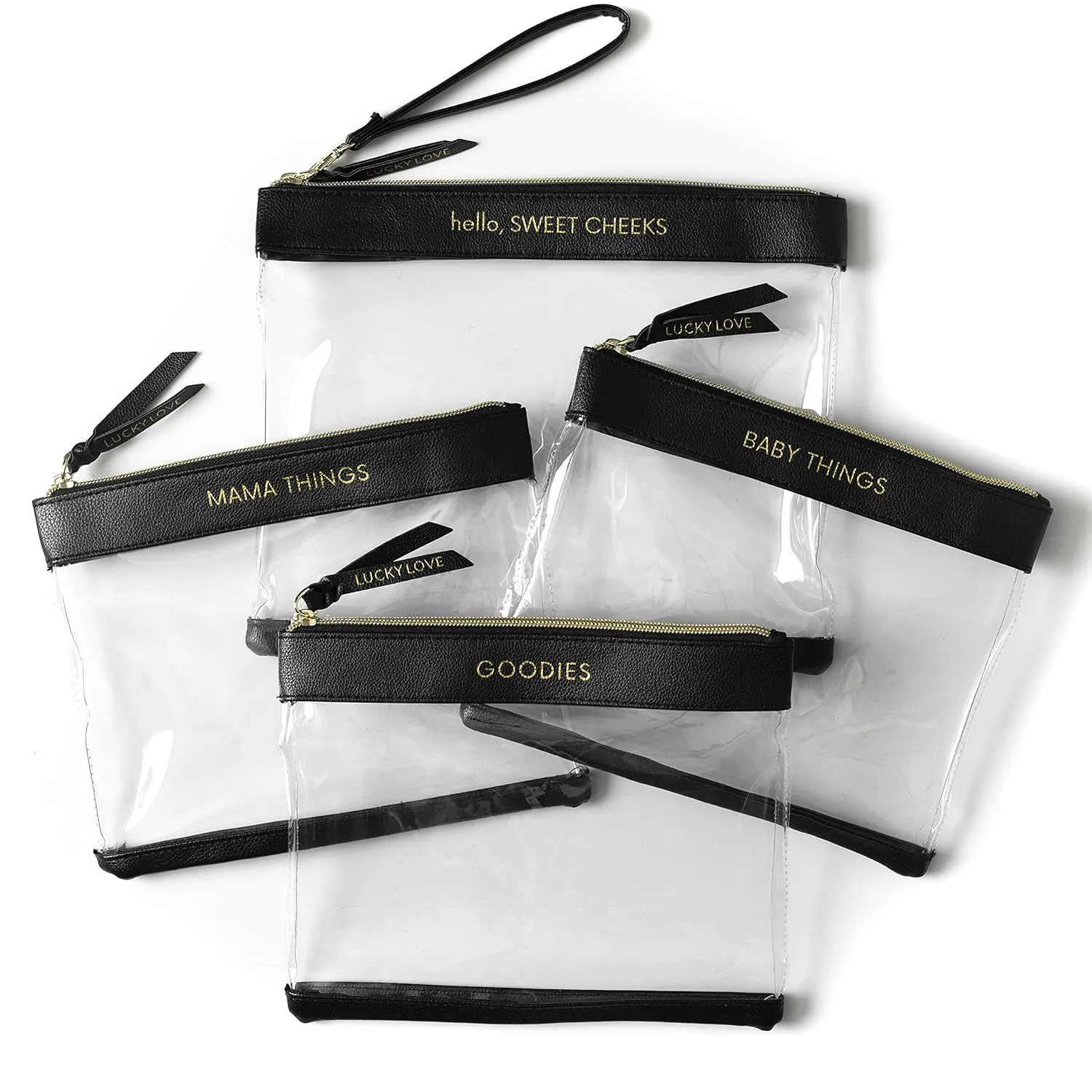 Lucky Love Diaper Bag Organizing Pouches | Set of 4 Including Diaper Clutch | Dry Wet Bag (Black & Clear)