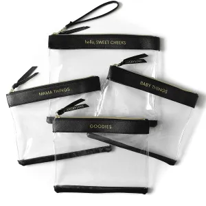 Lucky Love Diaper Bag Organizing Pouches | Set of 4 Including Diaper Clutch | Dry Wet Bag (Black & Clear)
