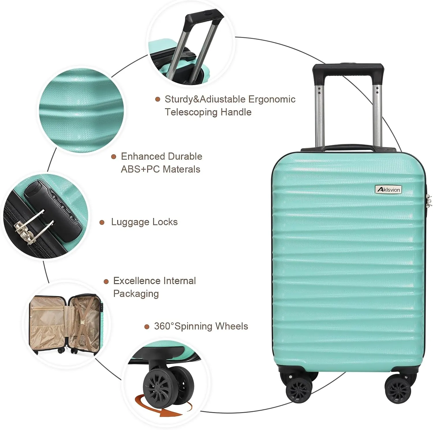 Luggage Set 3 Piece Luggage Set ABS hardshell Spinner Wheels Luggage Carry on Suitcase with Weekender bag & Toiletry bag（Mint Green