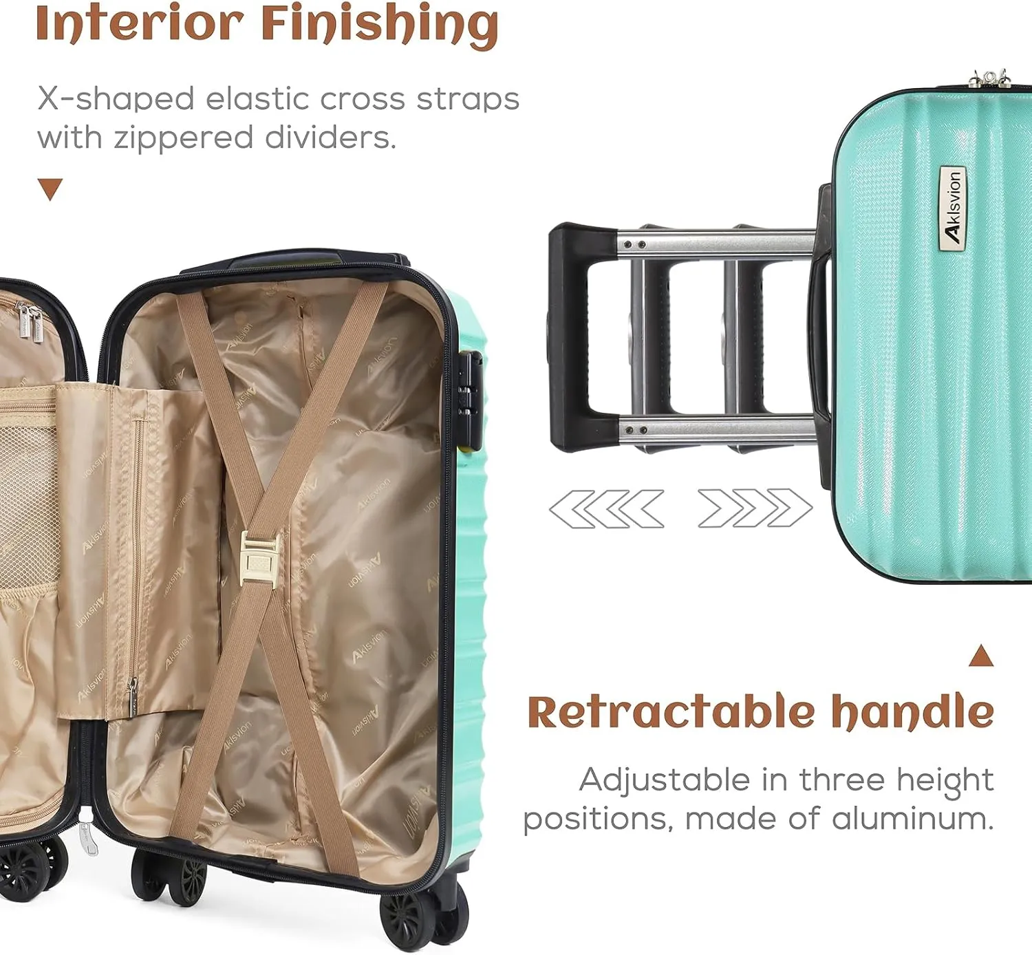 Luggage Set 3 Piece Luggage Set ABS hardshell Spinner Wheels Luggage Carry on Suitcase with Weekender bag & Toiletry bag（Mint Green
