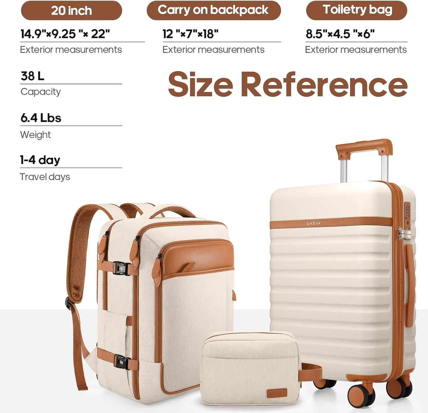 Luggage Sets 3 Piece, Carry On Luggage 20 Inch With Spinner Wheels,PC Hardside Suitcase Set with TSA Lock,Durable Carry On Suitcase With Travel Backpack for Men (Beige, 3 piece set (20inch))