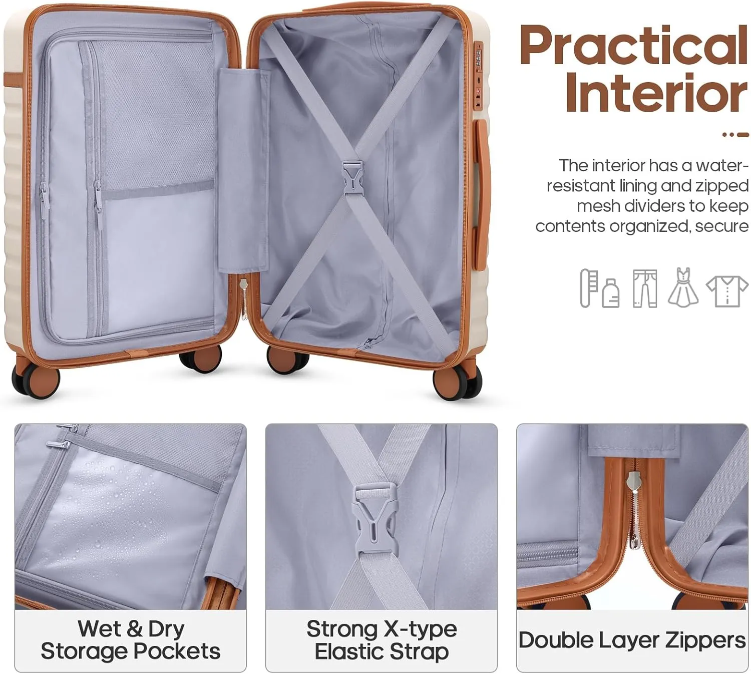Luggage Sets 3 Piece, Carry On Luggage 20 Inch With Spinner Wheels,PC Hardside Suitcase Set with TSA Lock,Durable Carry On Suitcase With Travel Backpack for Men (Beige, 3 piece set (20inch))